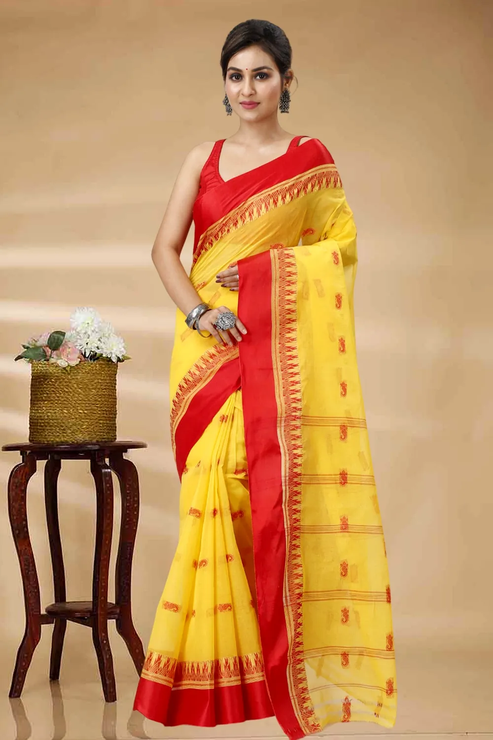 Yellow Red Pure Cotton Lagan Tant Saree (1422)