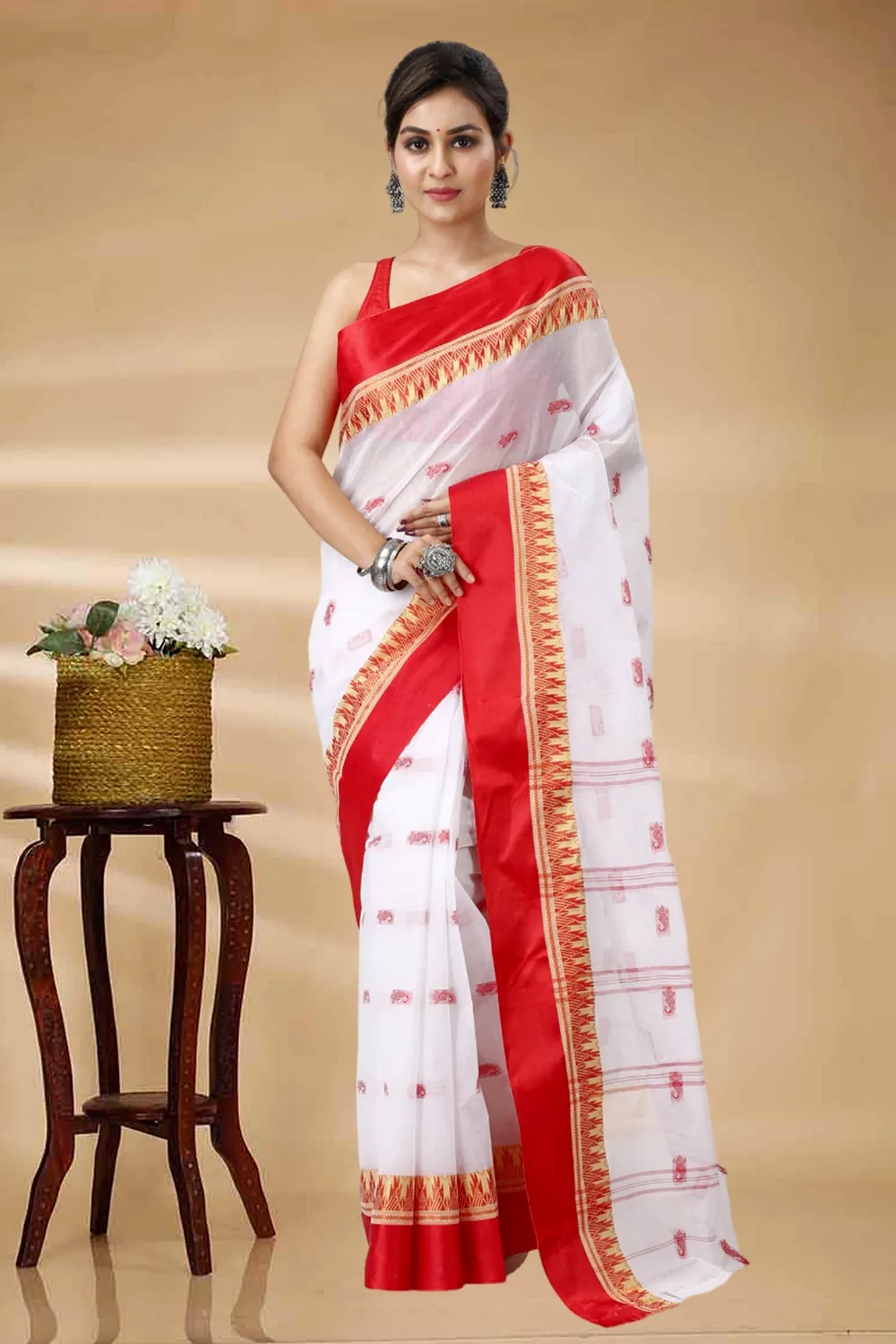 White Red Pure Cotton Lagan Tant Saree (1424)