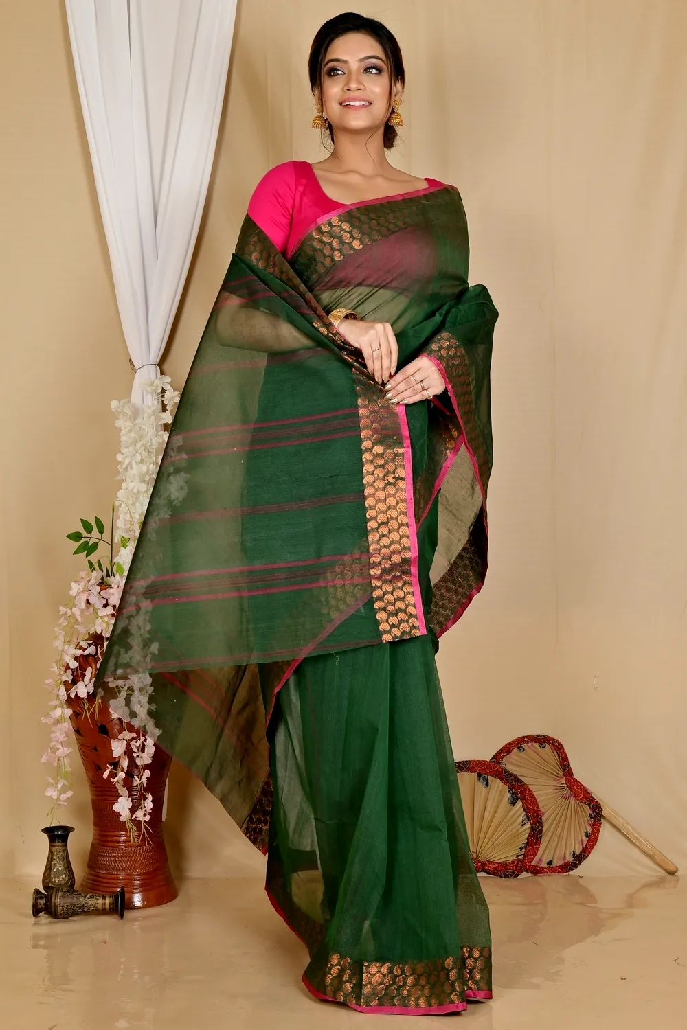 Dark Green Pure Cotton Lilan Tant Saree (1428)