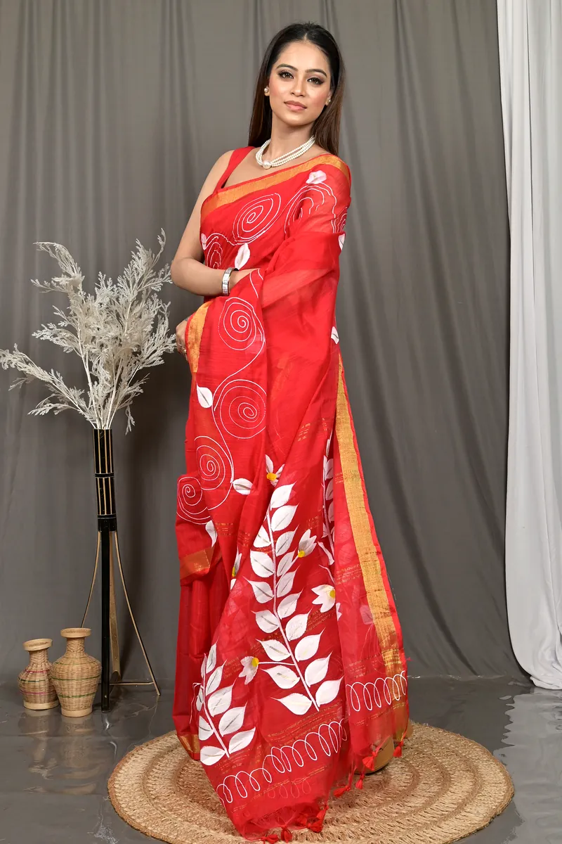Red Cotton Souvar Hand Painted Saree  (143)
