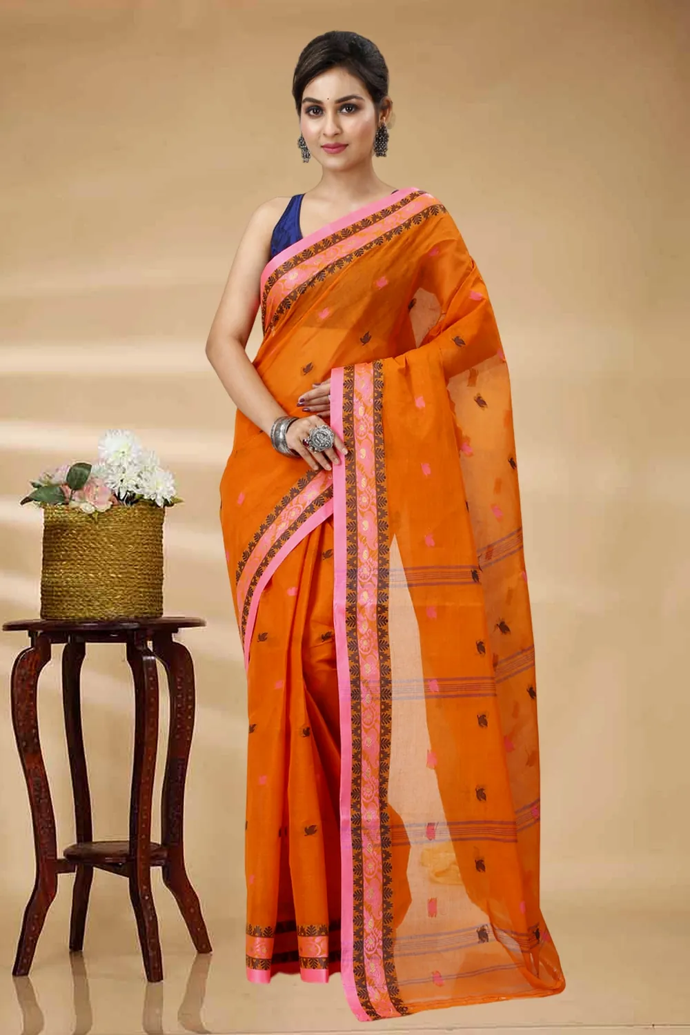 Orange Pure Cotton Leron Tant Saree (1431)