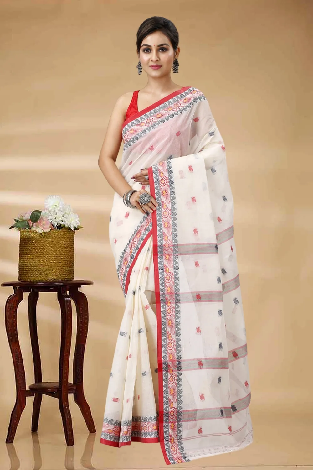 White Pure Cotton Leron Tant Saree (1434)