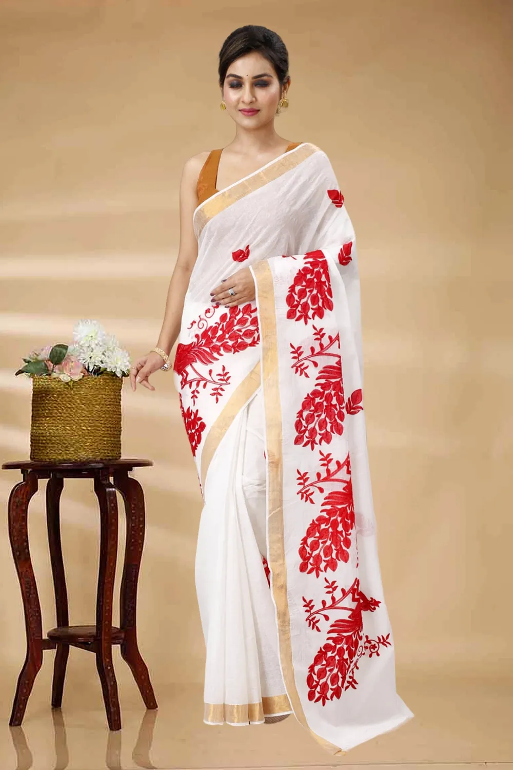 White Red Pure Cotton Leo Tant Embroidery (1437)