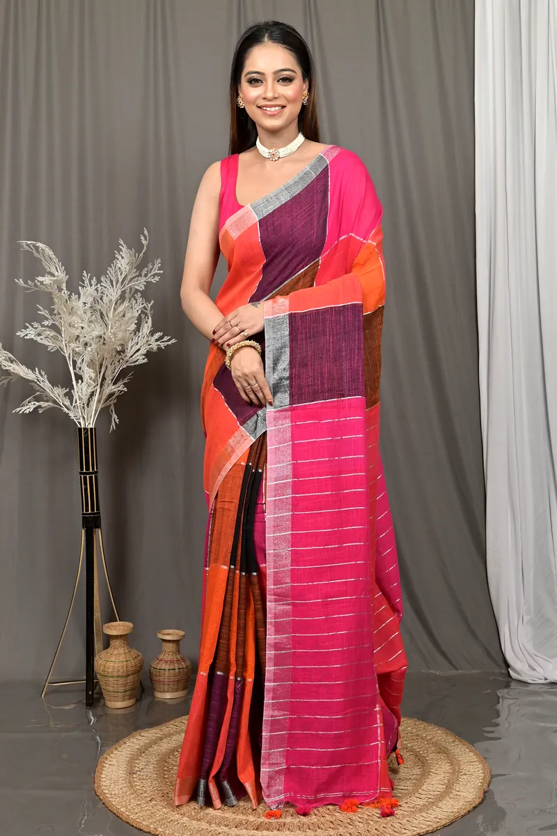 Multi-Coloured Cotton Souvon Handloom Saree  (144)