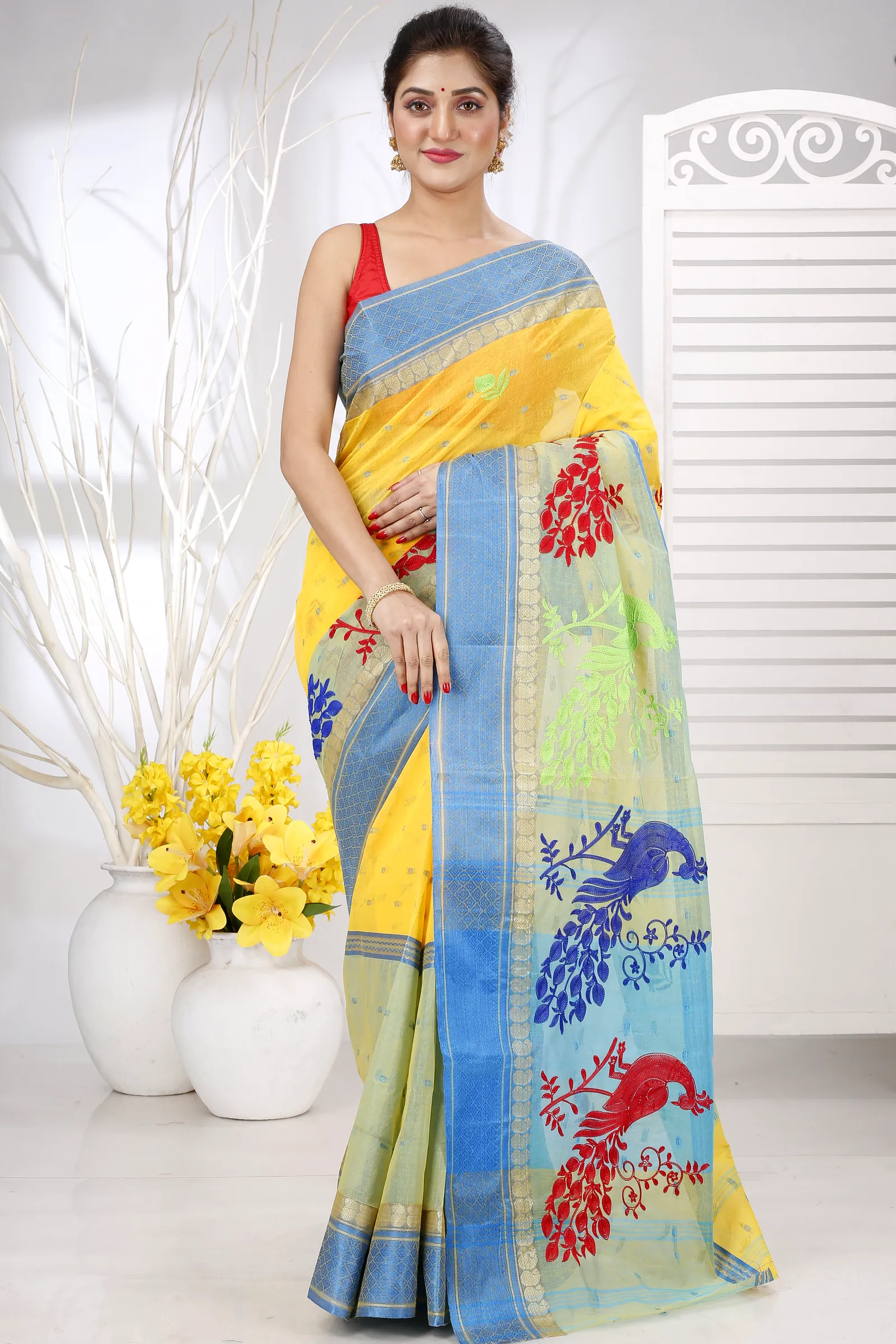 Yellow Pure Cotton Embi Ganga Moyur Tant Embroidery (1444)