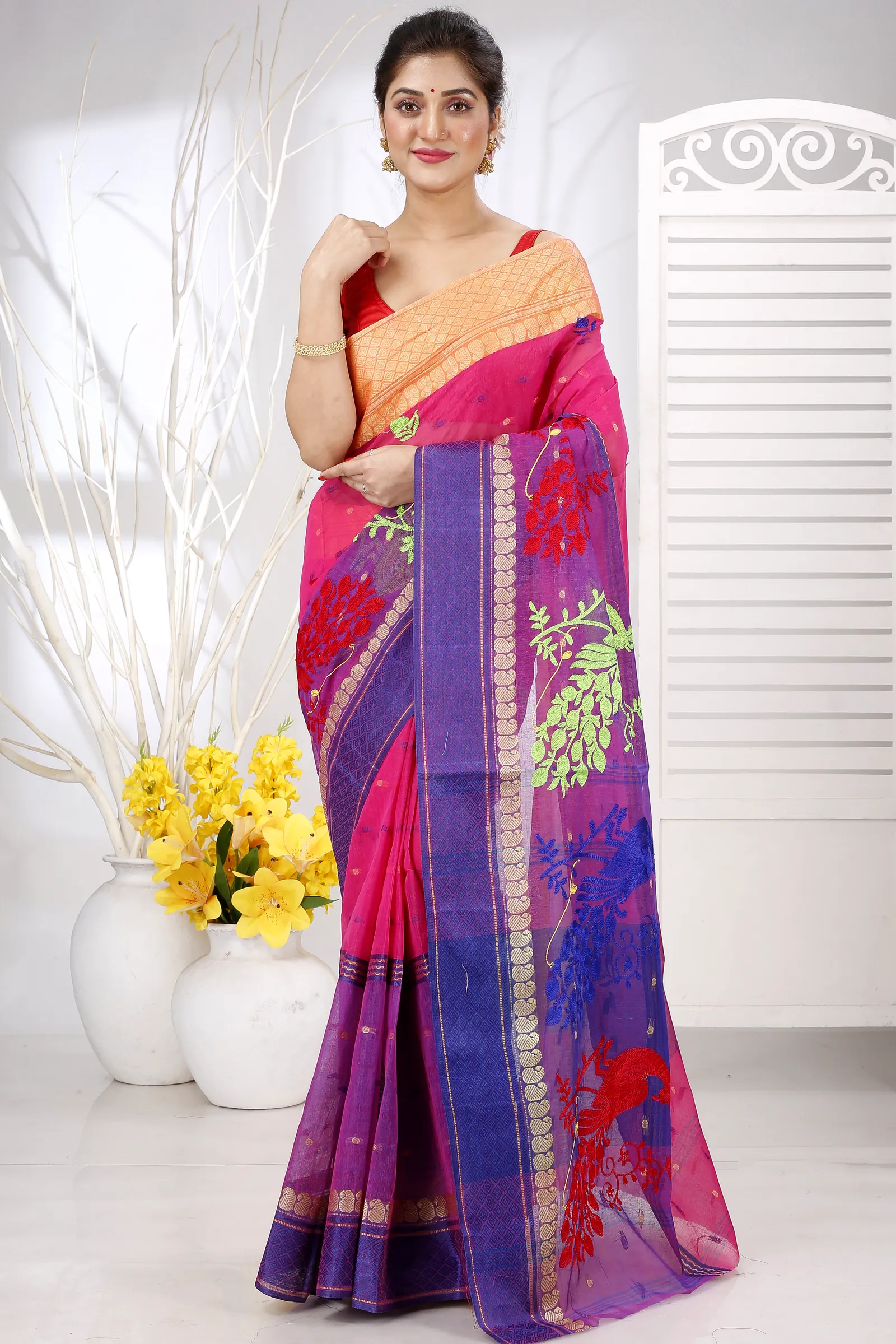 Pink Pure Cotton Embi Ganga Moyur Tant Embroidery (1446)