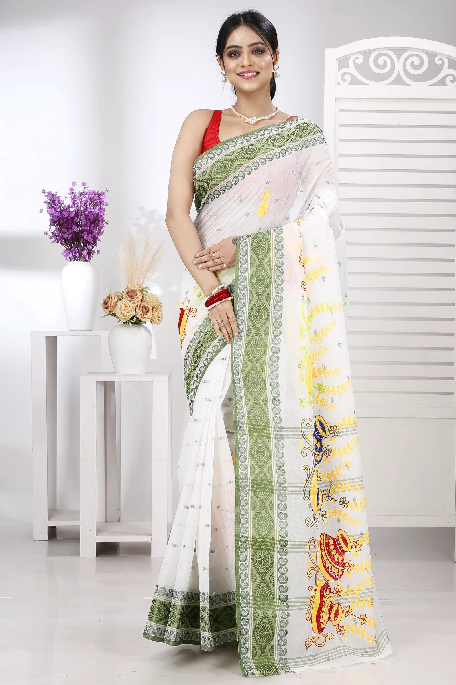 Green White Pure Cotton Embi Boysko Ghot Tant Embroidery (1448)