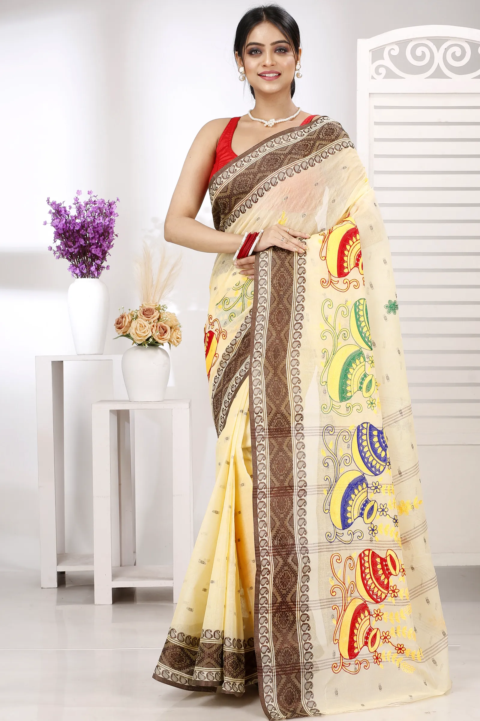 Brown White Pure Cotton Embi Boysko Ghot Tant Embroidery (1449)