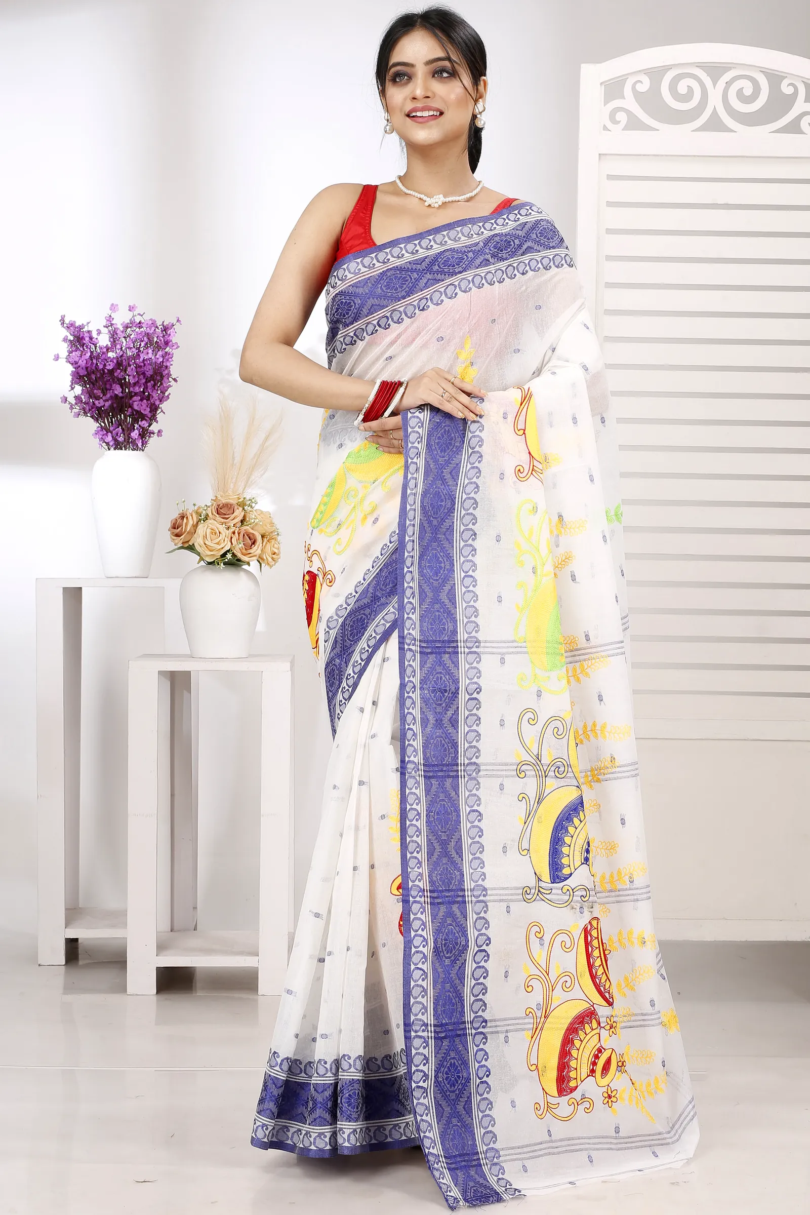 Blue White Pure Cotton Embi Boysko Ghot Tant Embroidery (1450)