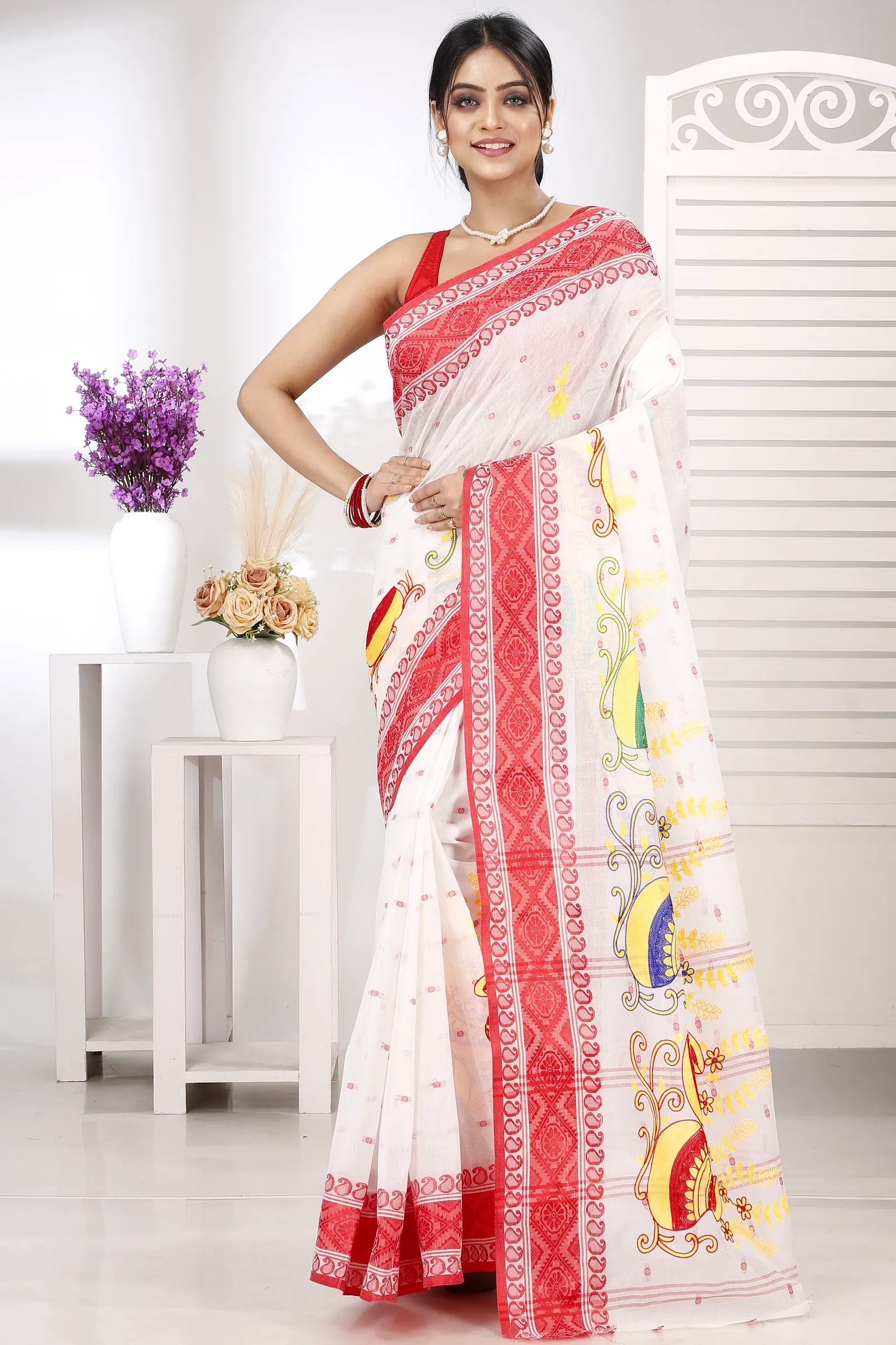 Red White Pure Cotton Embi Boysko Ghot Tant Embroidery (1451)