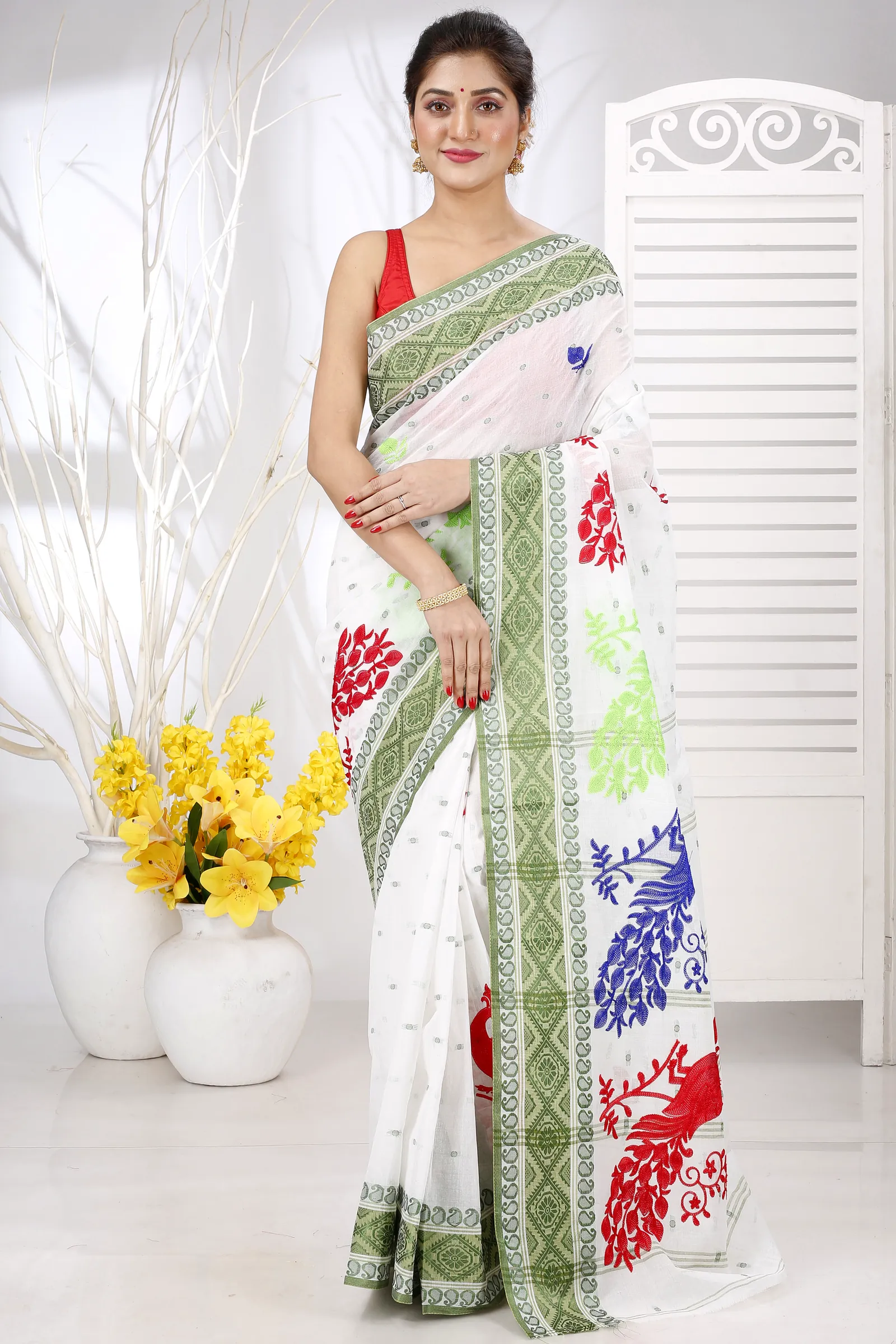 Green White Pure Cotton Embi Boysko Moyur Tant Embroidery (1456)