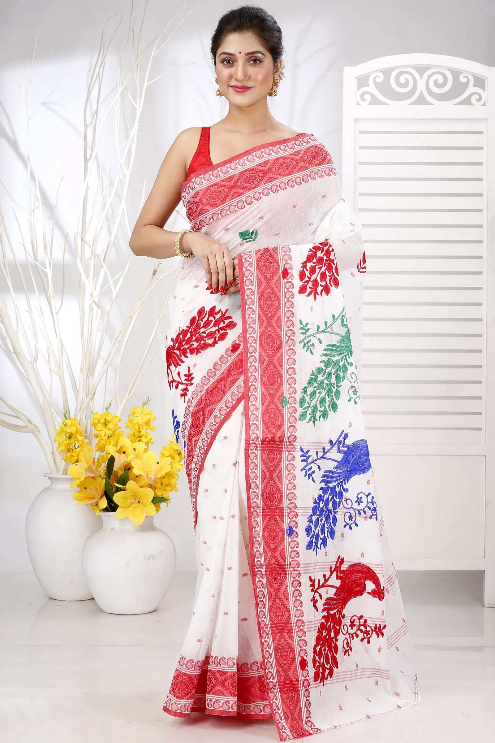 Red White Pure Cotton Embi Boysko Moyur Tant Embroidery (1457)