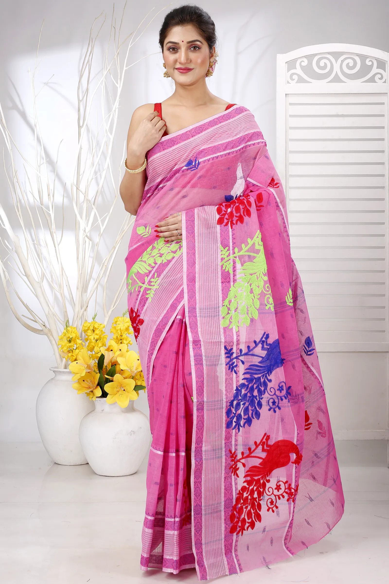 Pink Pure Cotton Embi Debdash Moyur Tant Embroidery (1458)