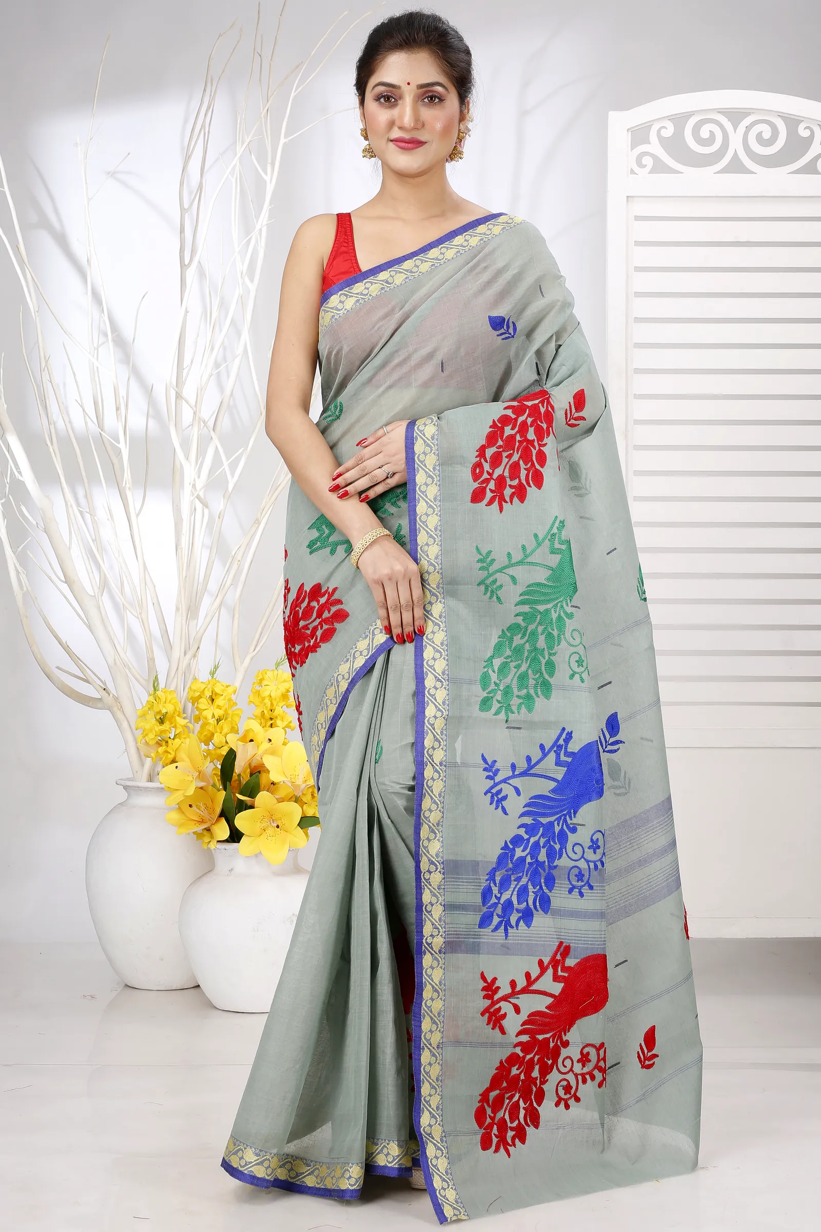 Light Grey Pure Cotton Embi Gaela Moyur Tant Embroidery (1464)