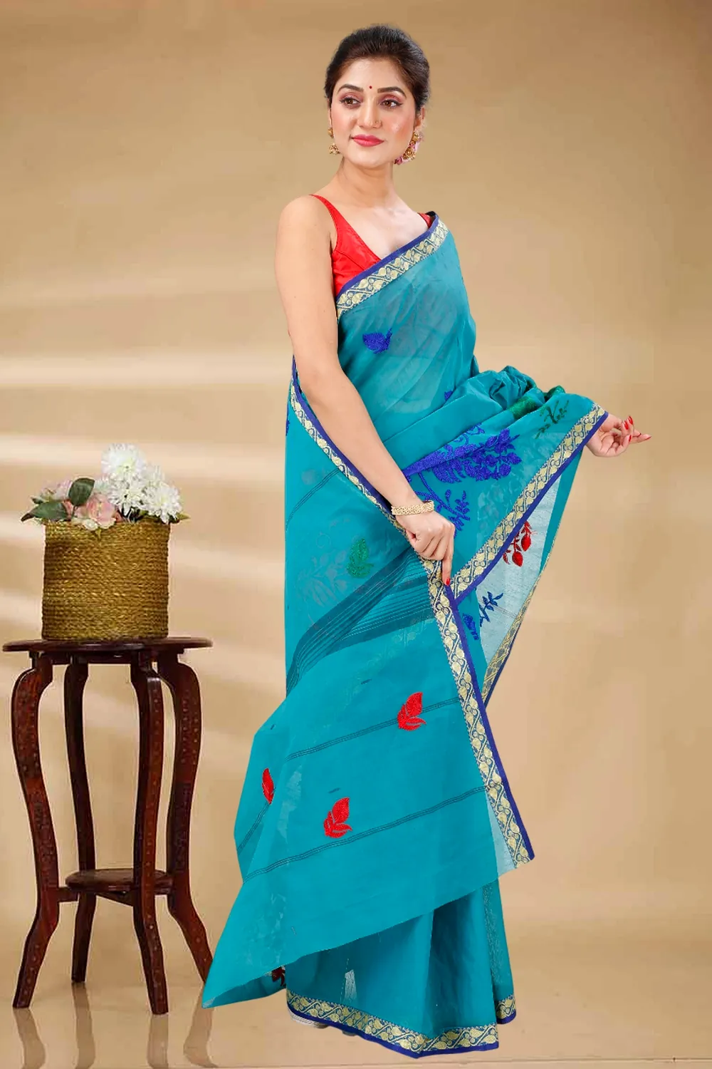 See Blue Pure Cotton Embi Gaela Moyur Tant Embroidery (1465)