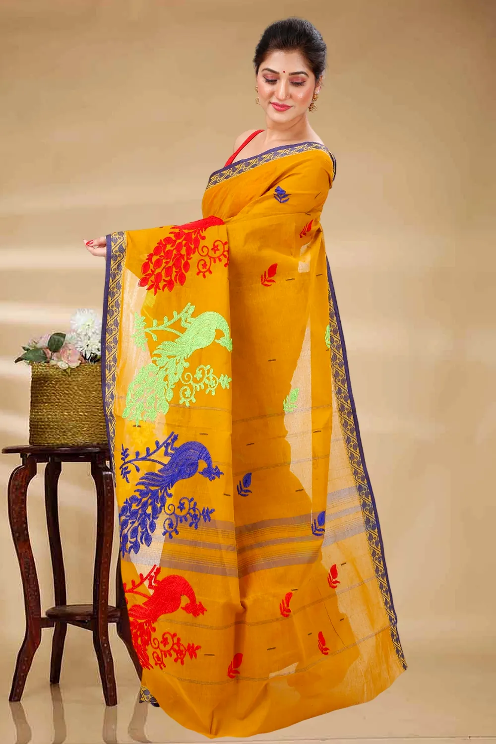 Mustard Yellow Pure Cotton Embi Gaela Moyur Tant Embroidery (1466)