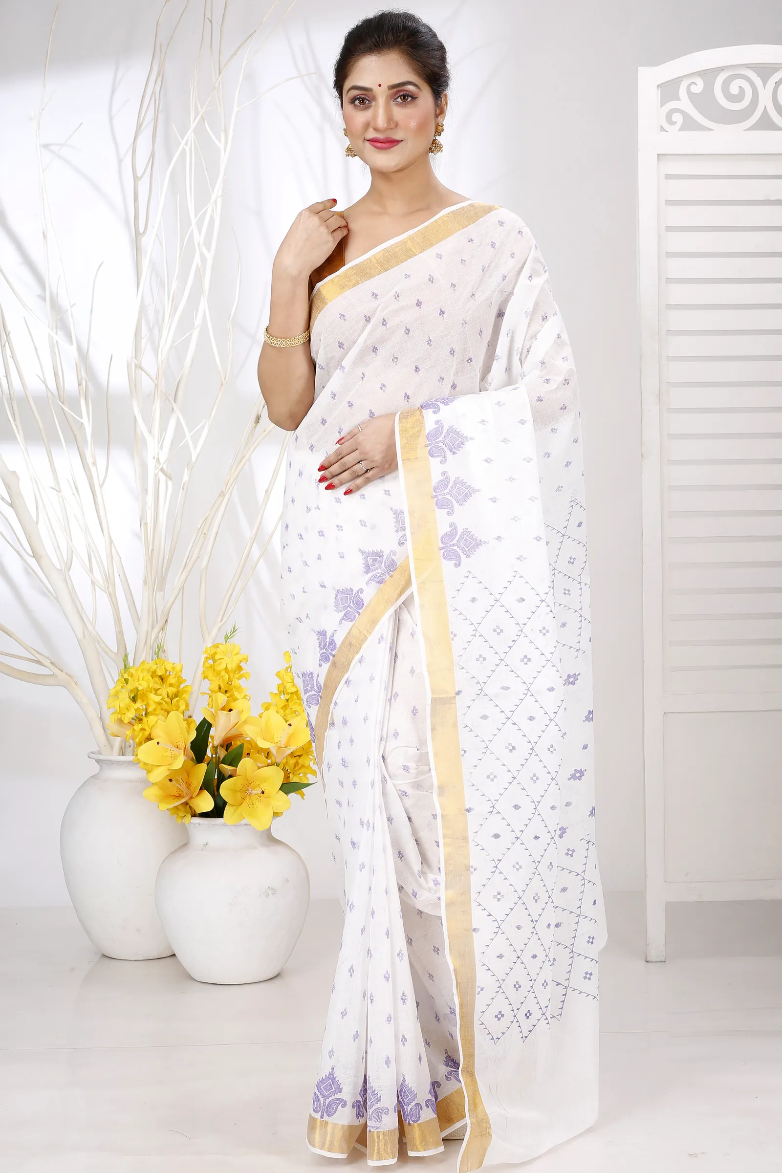 White Purpel Pure Cotton Ekant Print Tant Saree Print (1469)