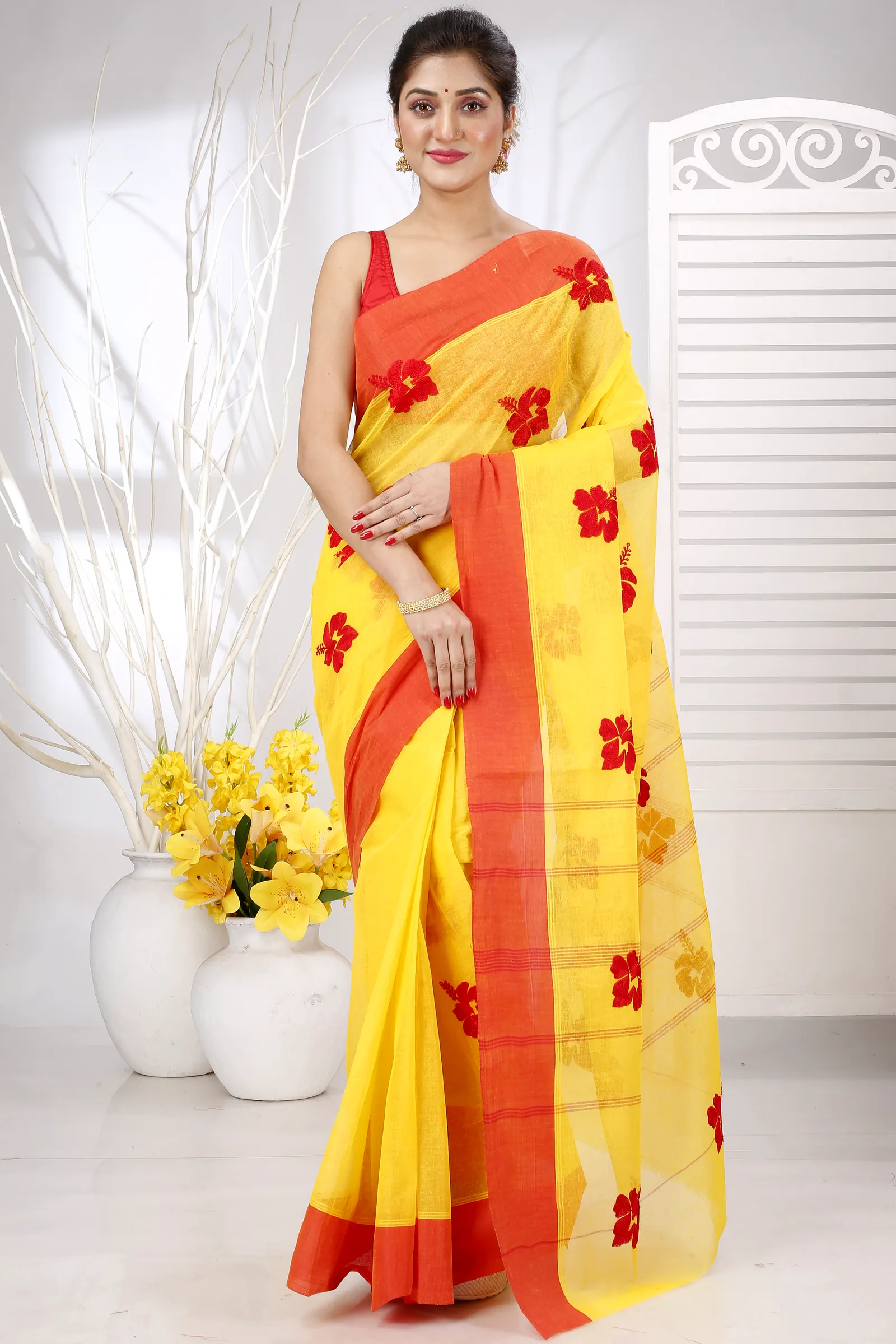 Yellow Red Pure Cotton Embi Elu Joba Tant Embroidery (1472)