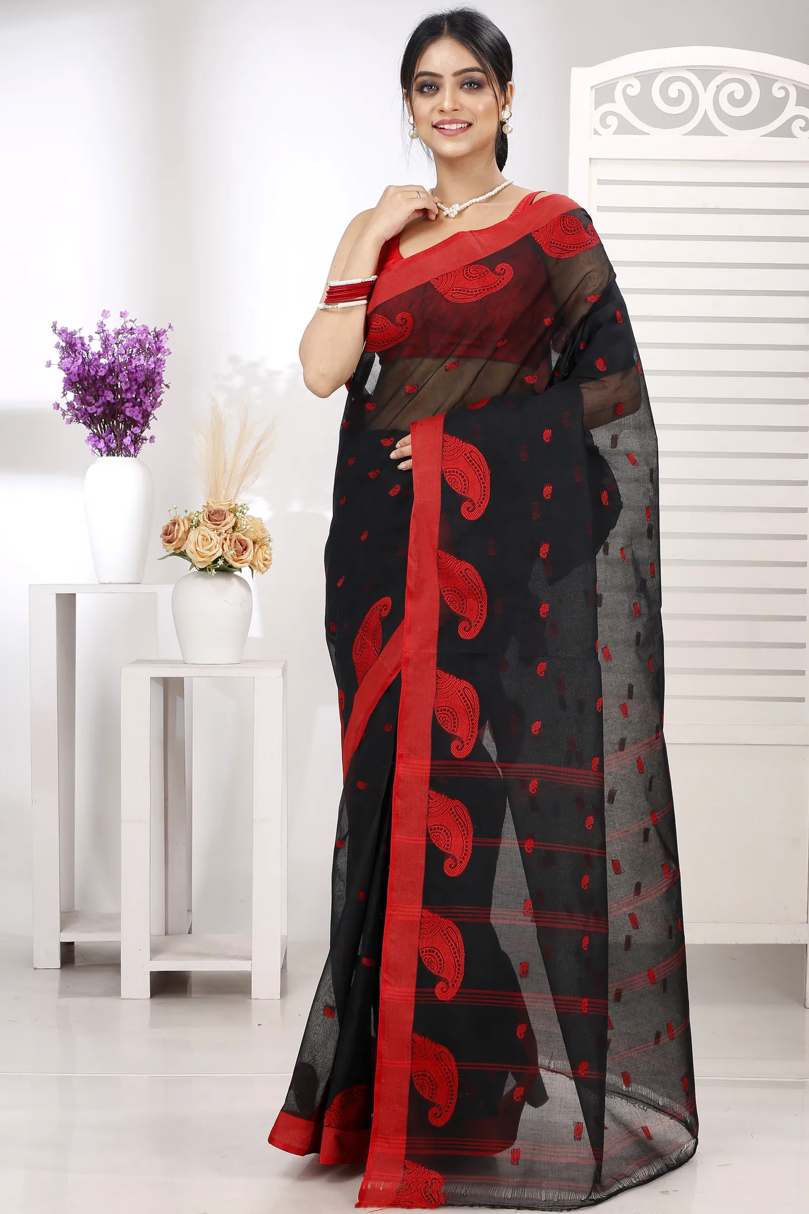 Black Pure Cotton Epto Shonko Tant Saree (1474)