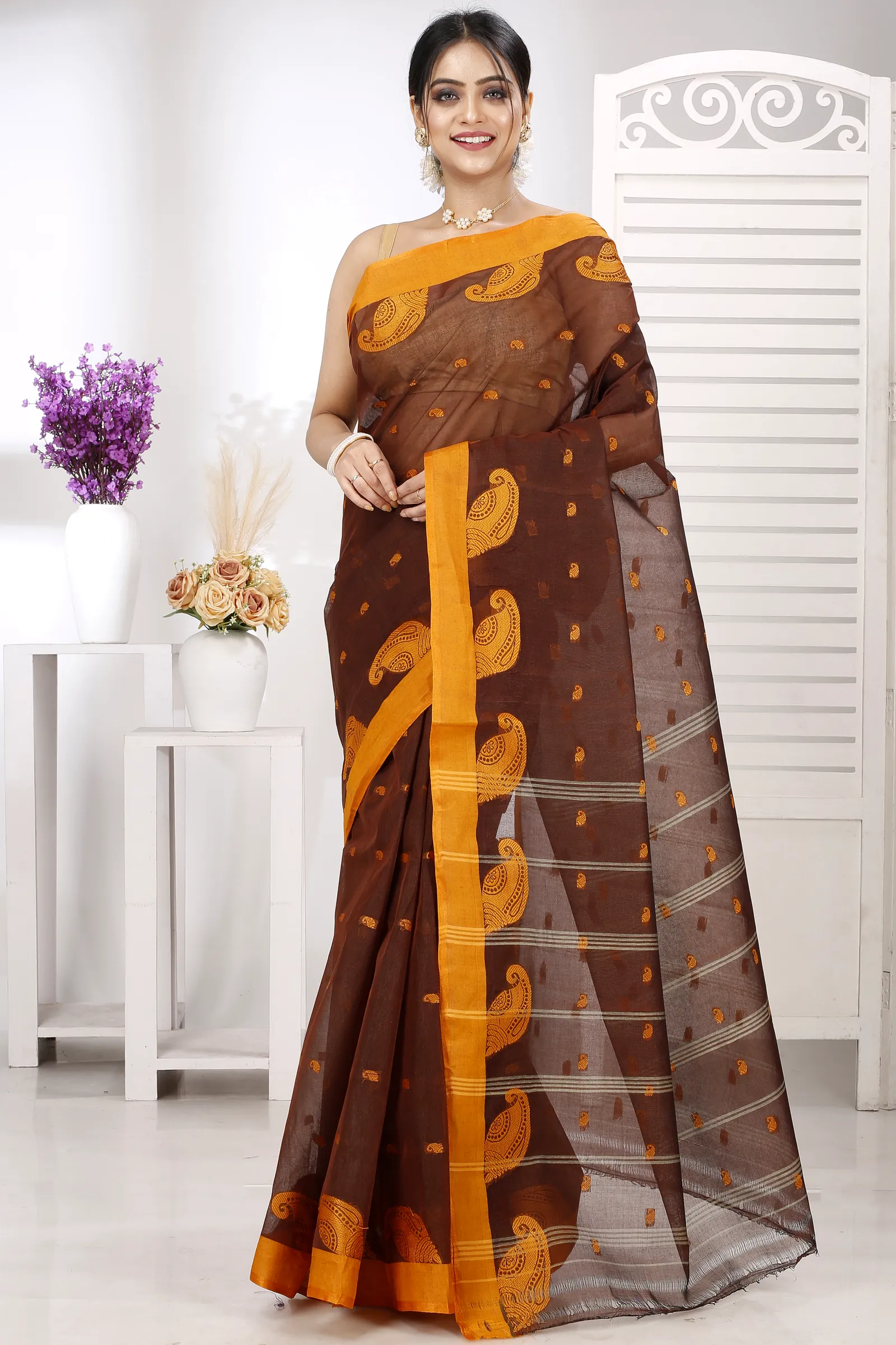 Brown Pure Cotton Epto Shonko Tant Saree (1477)