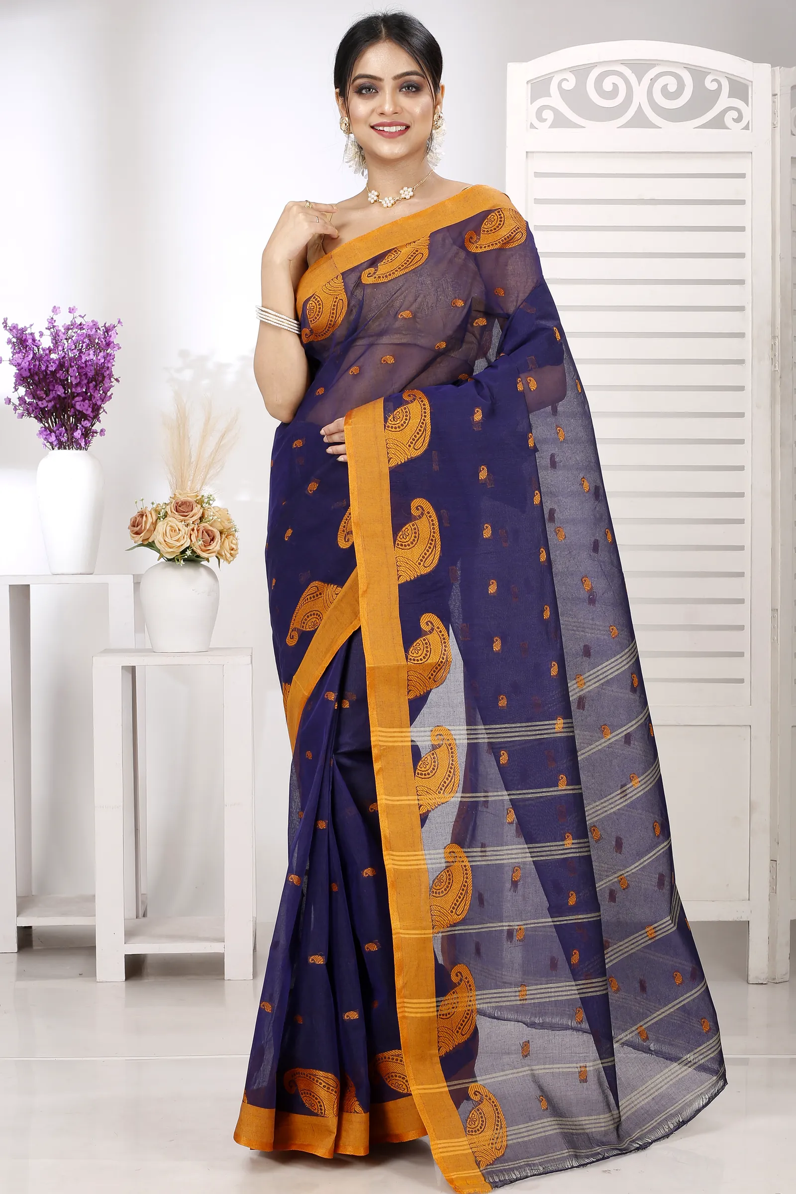 Naby Blue Pure Cotton Epto Shonko Tant Saree (1478)