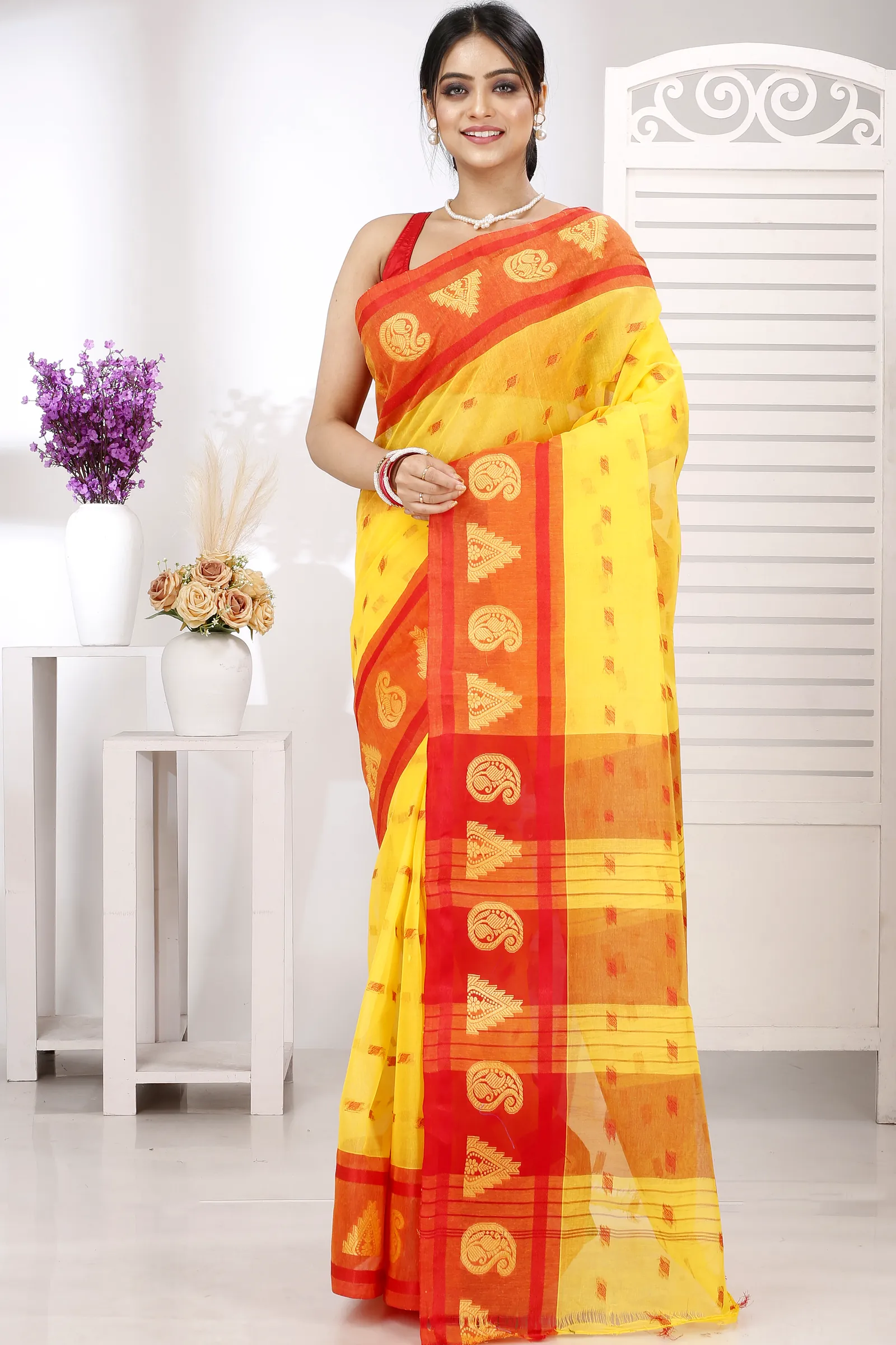 Yellow Pure Cotton Emma Border Tant Saree (1481)