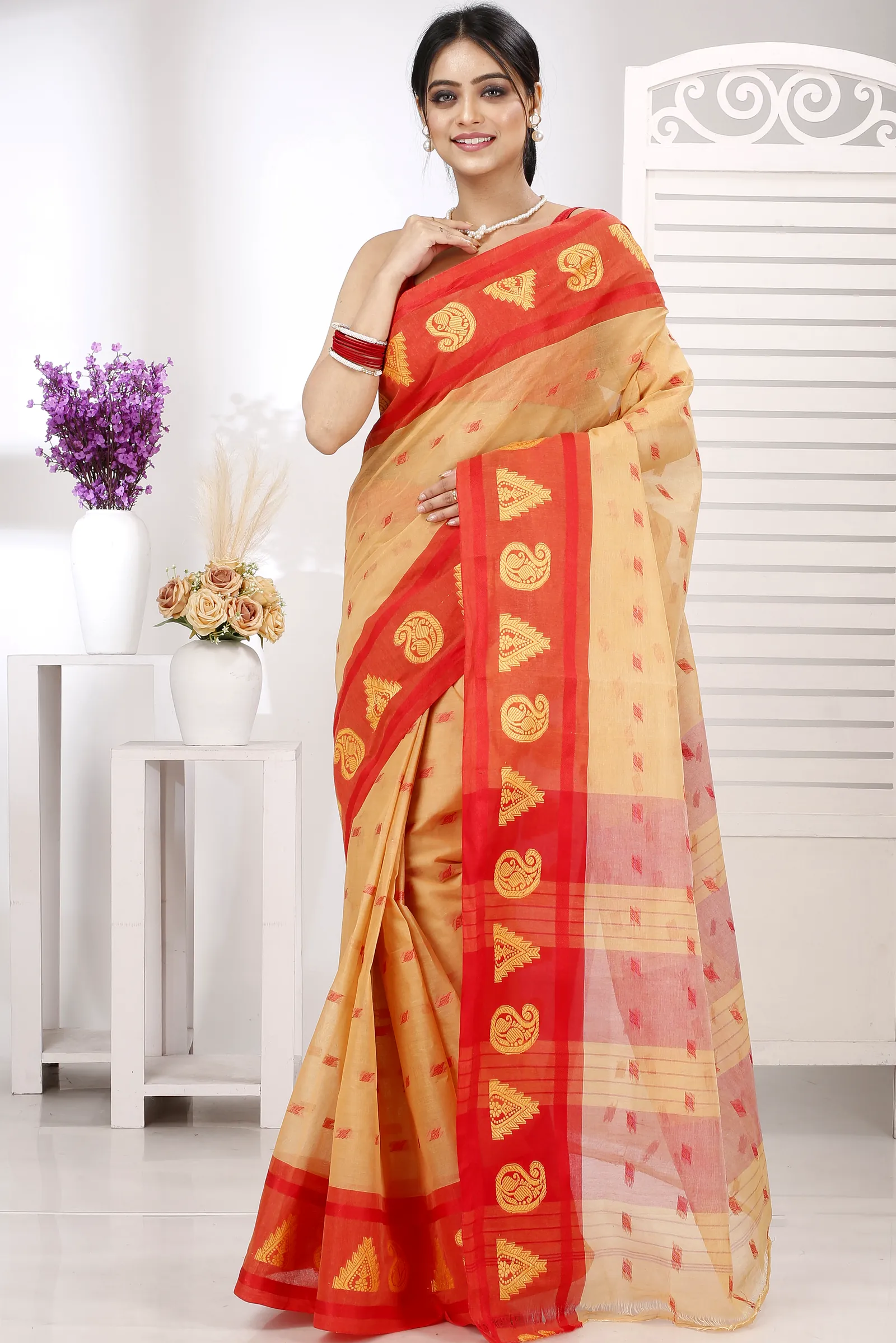 Light Yellow Pure Cotton Emma Border Tant Saree (1482)