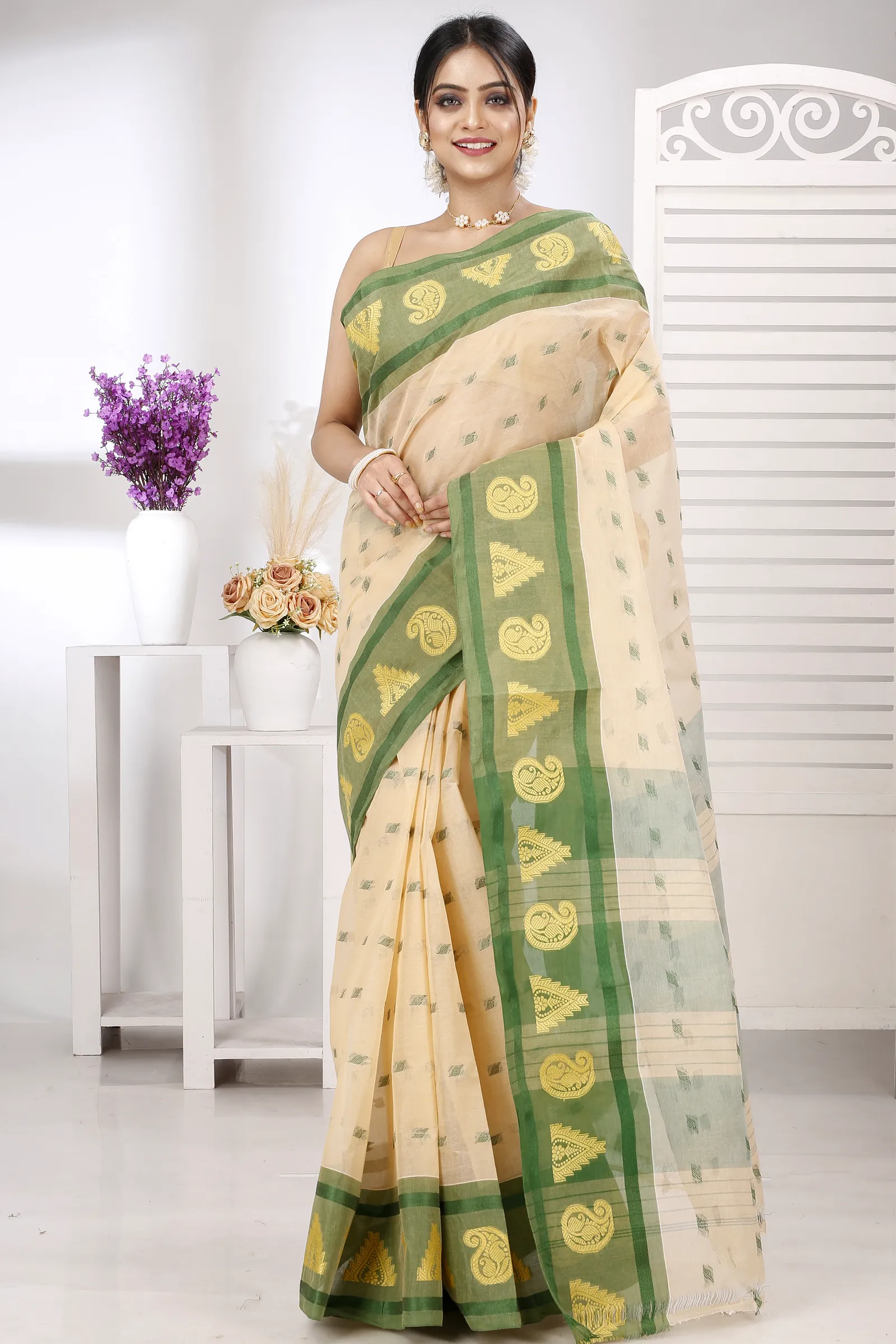 Cream Green Pure Cotton Emma Border Tant Saree (1483)