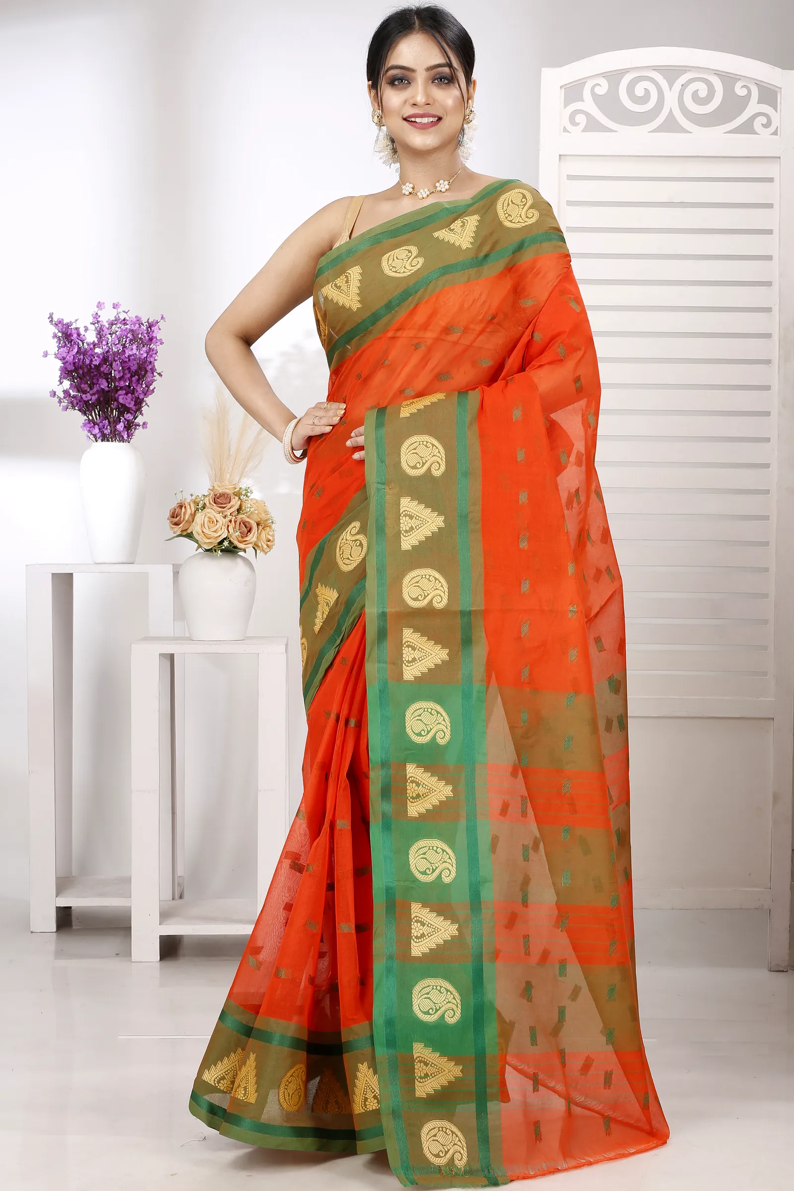 Orange Pure Cotton Emma Border Tant Saree (1484)