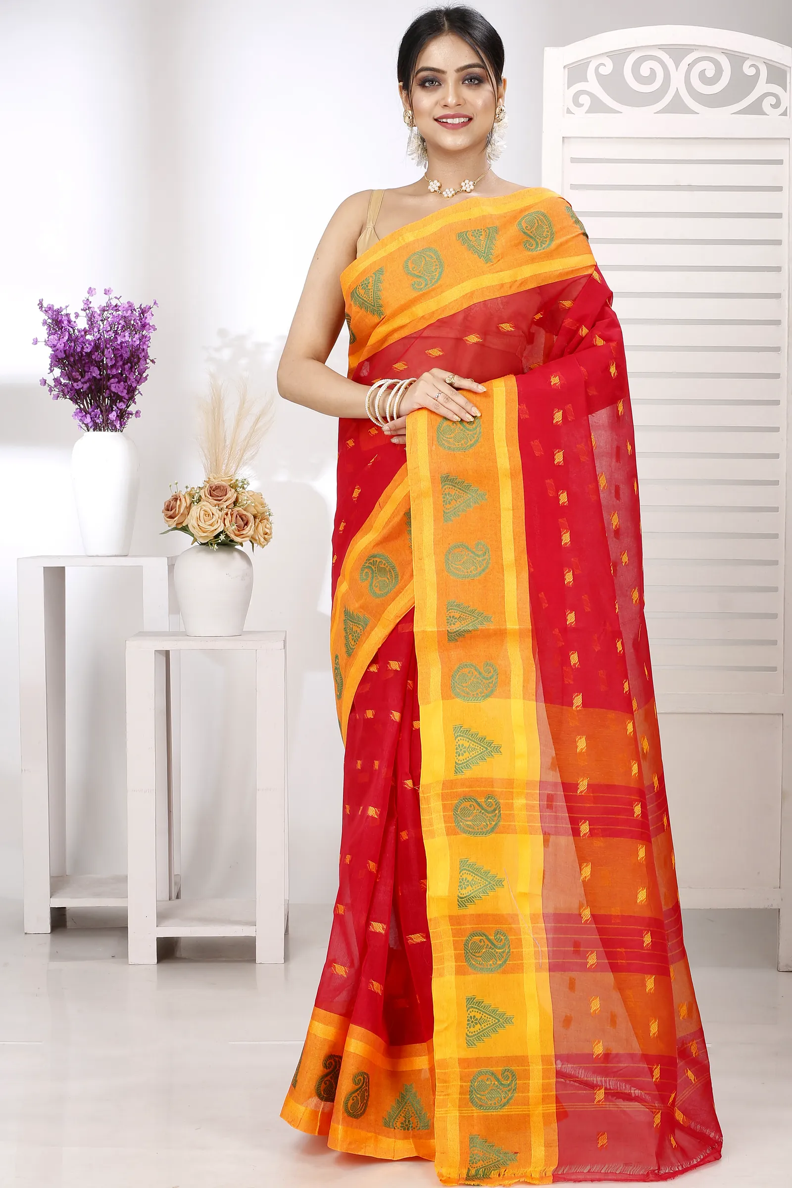 Red Pure Cotton Emma Border Tant Saree (1485)