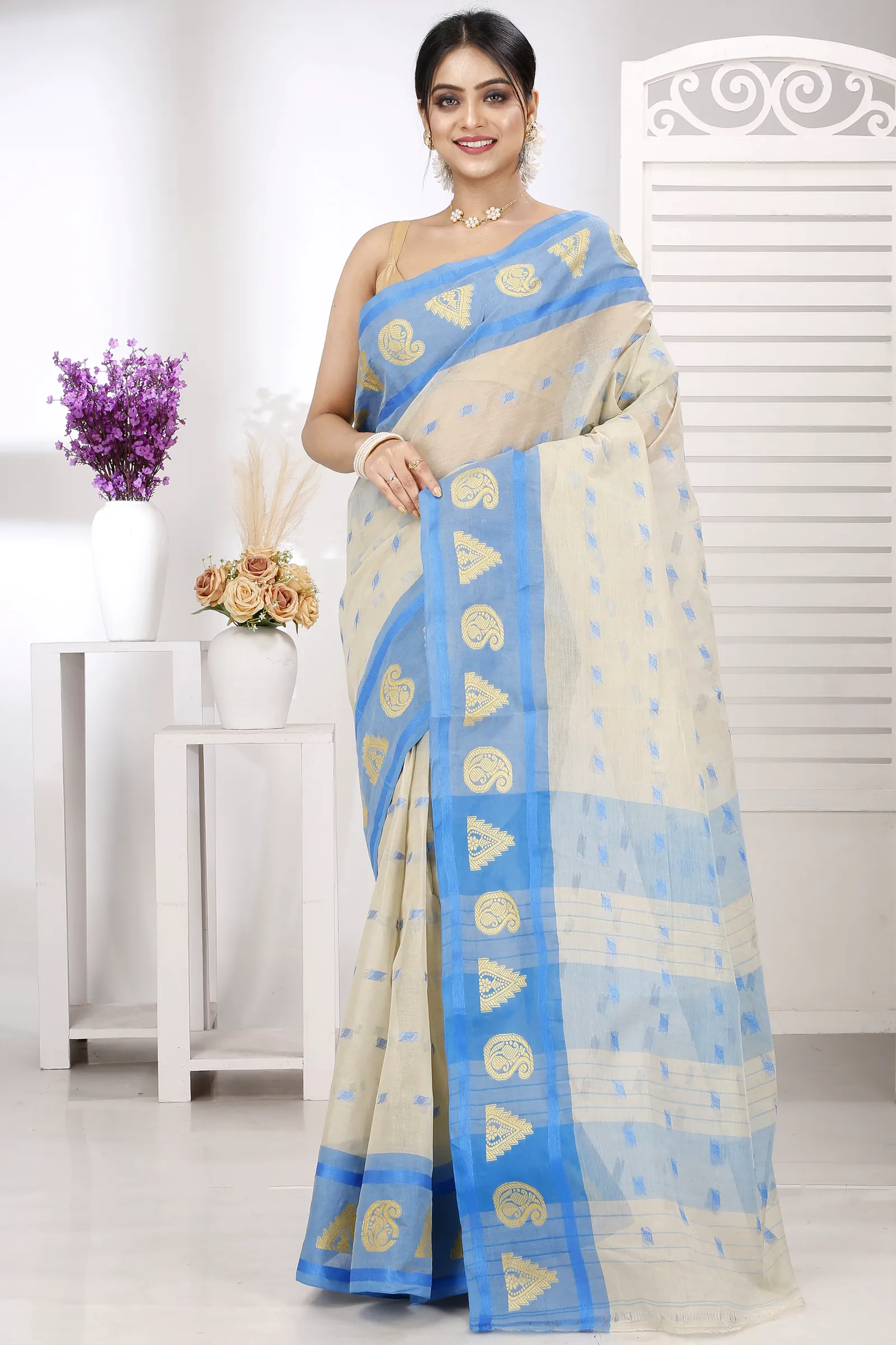 Off-White Pure Cotton Emma Border Tant Saree (1486)