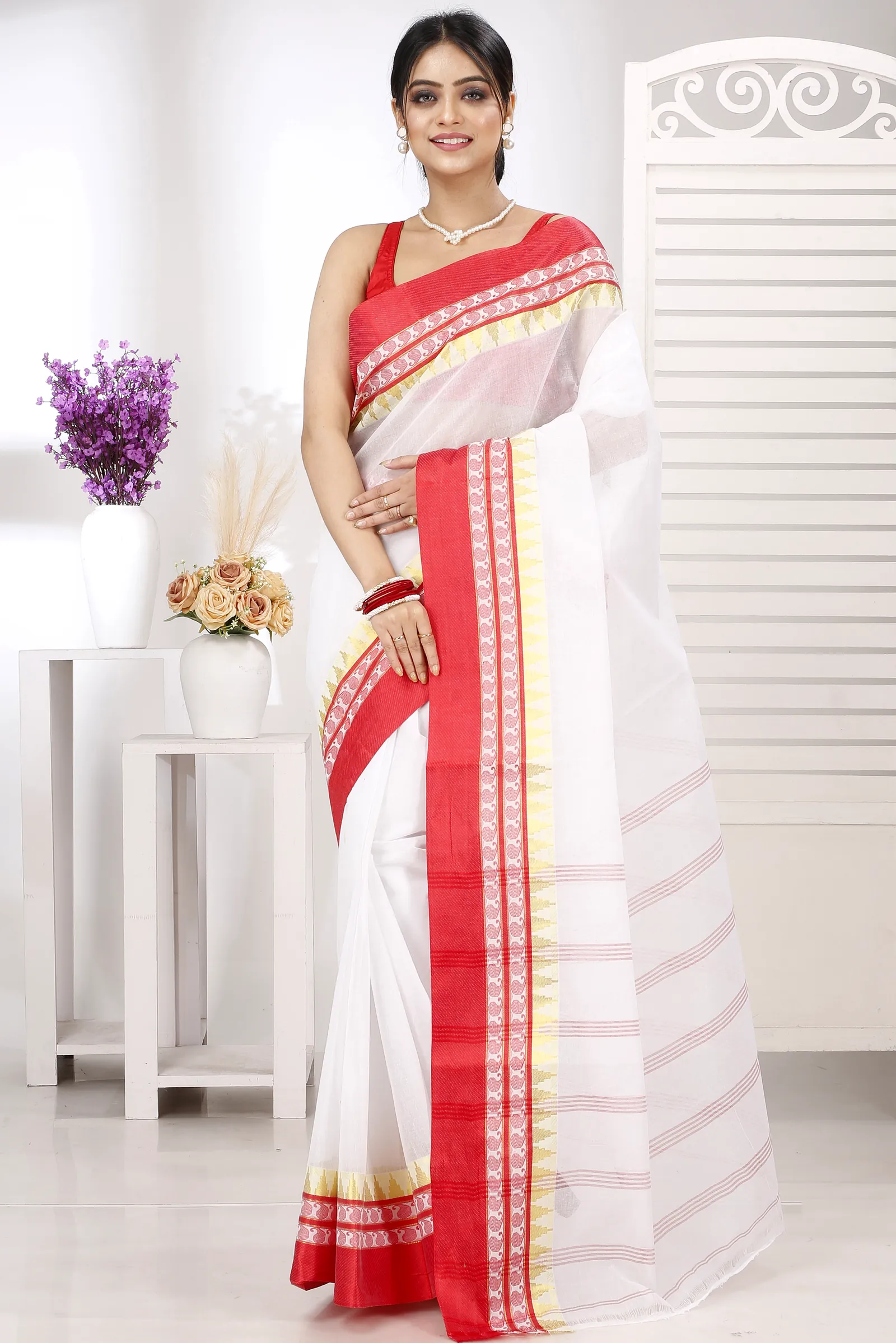 White Red Pure Cotton Ethan Tant Saree (1488)