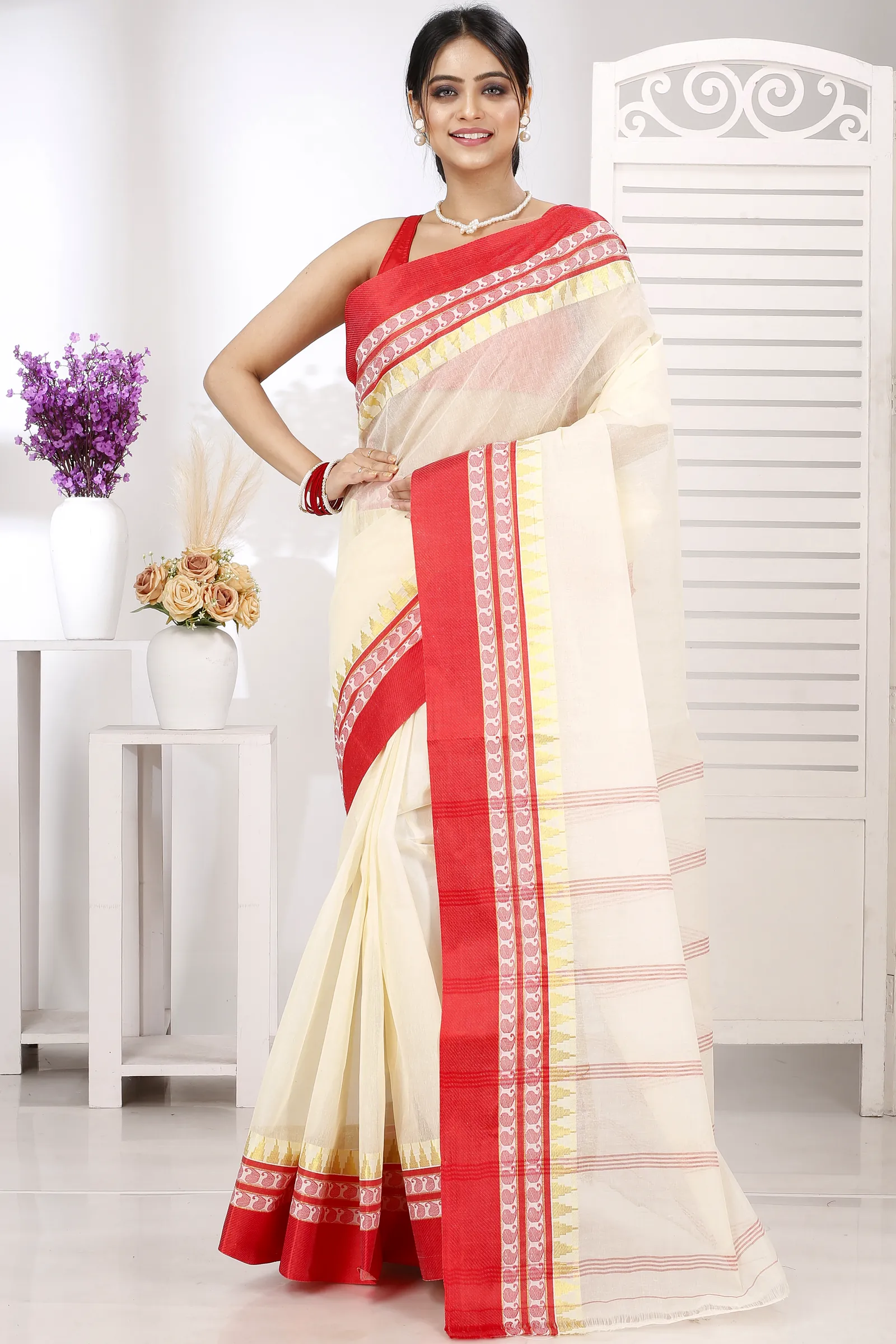 Cream Red Pure Cotton Ethan Tant Saree (1489)