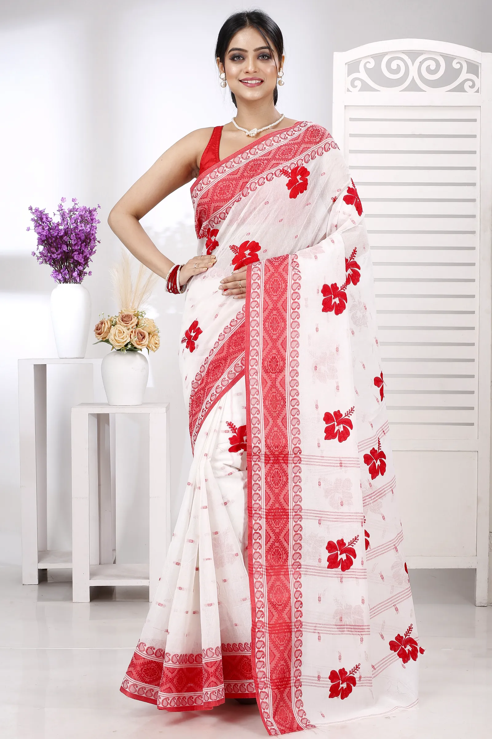 Red White Pure Cotton Embi Boysko Jova Tant Embroidery (1494)