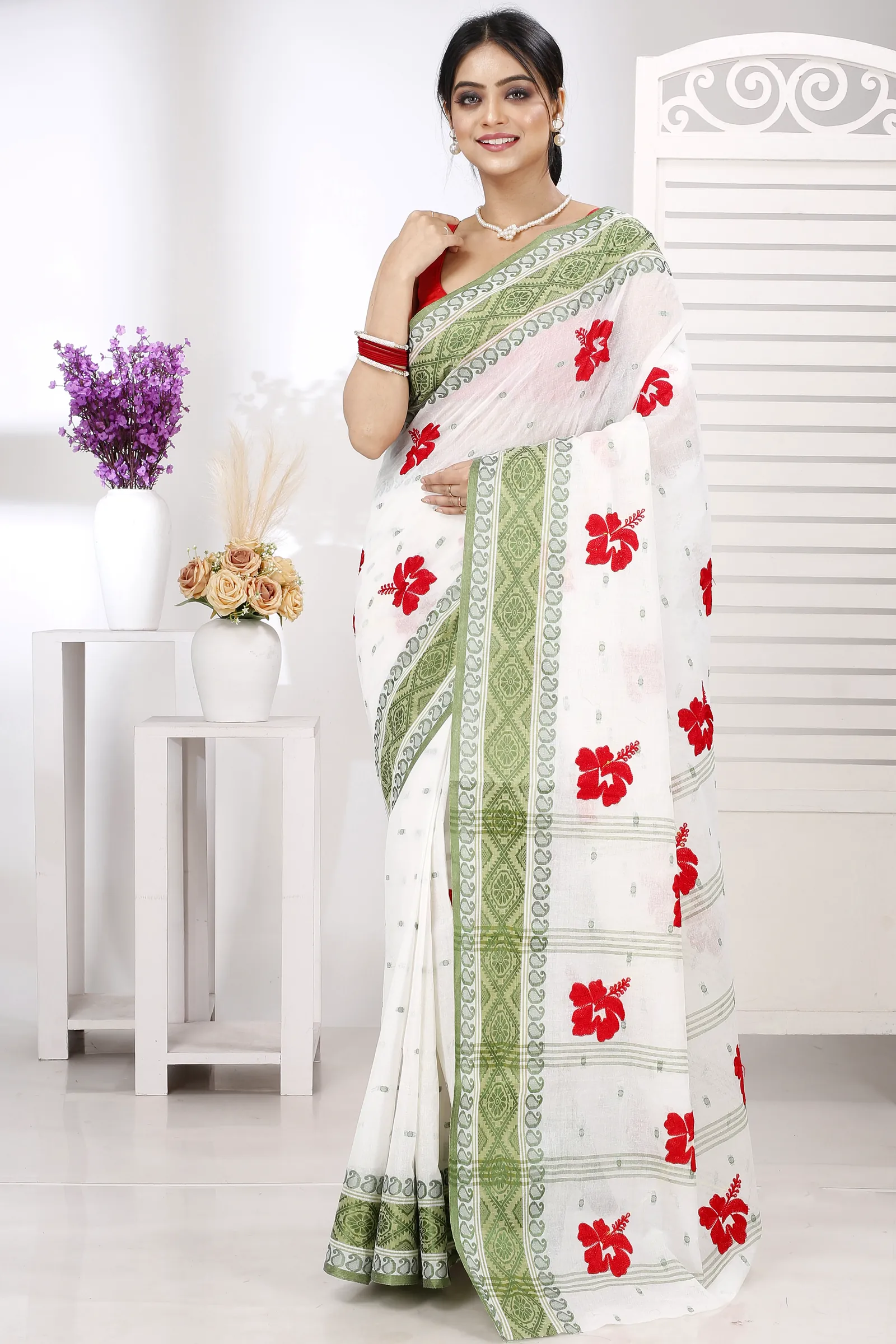 Green White Pure Cotton Embi Boysko Jova Tant Embroidery (1495)