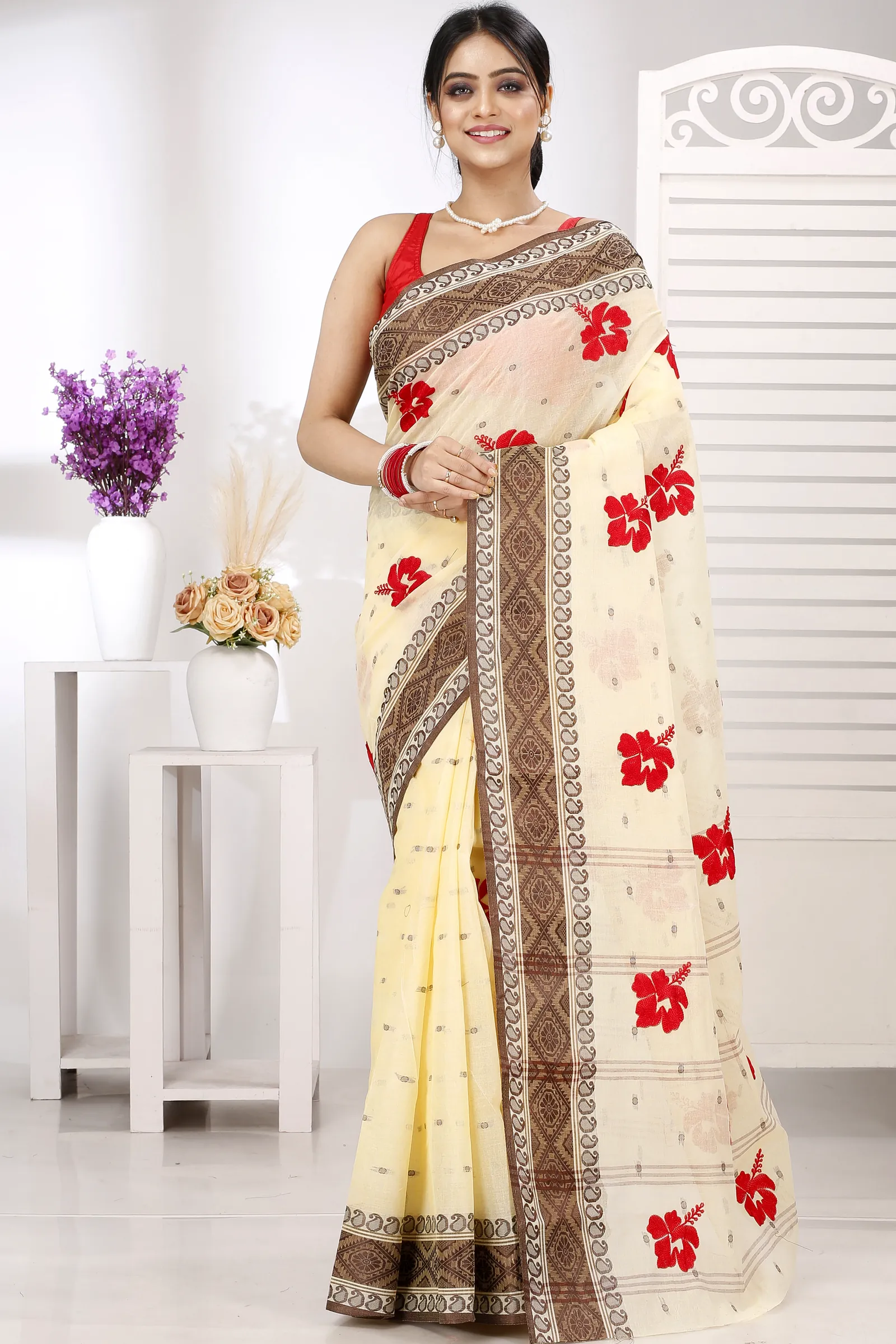 Brown White Pure Cotton Embi Boysko Jova Tant Embroidery (1497)