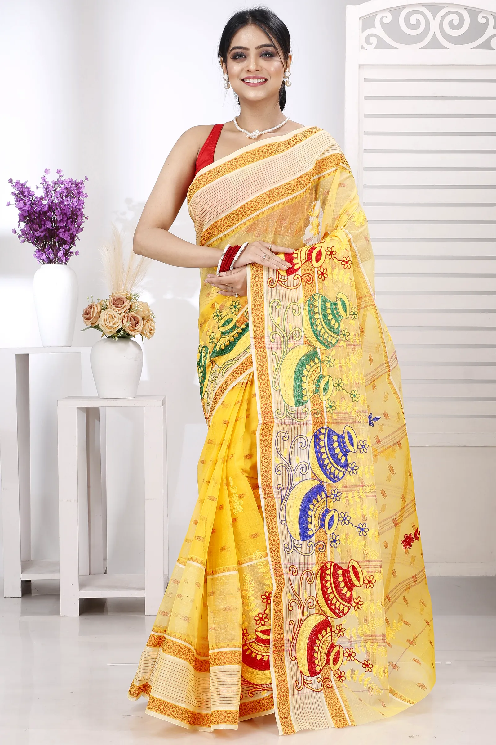Yellow Pure Cotton Embi Debdash Ghot Tant Embroidery (1498)