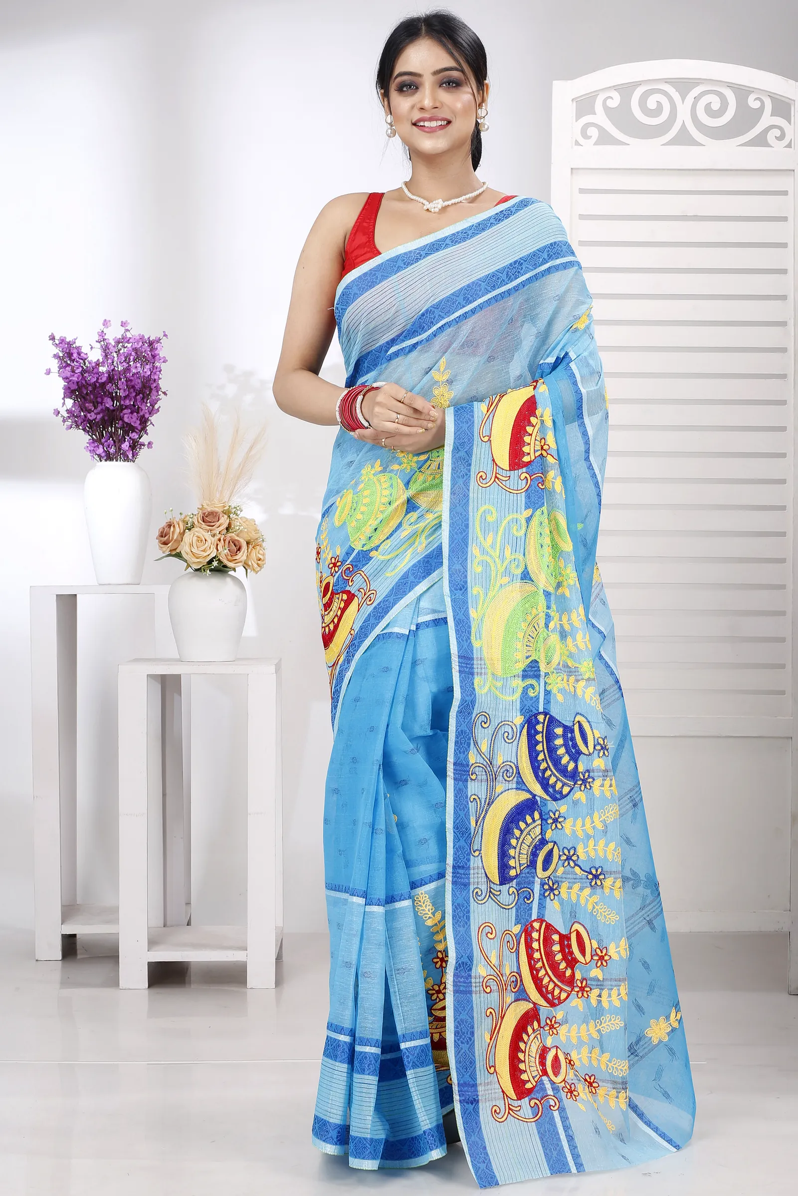 Sky Blue Pure Cotton Embi Debdash Ghot Tant Embroidery (1499)