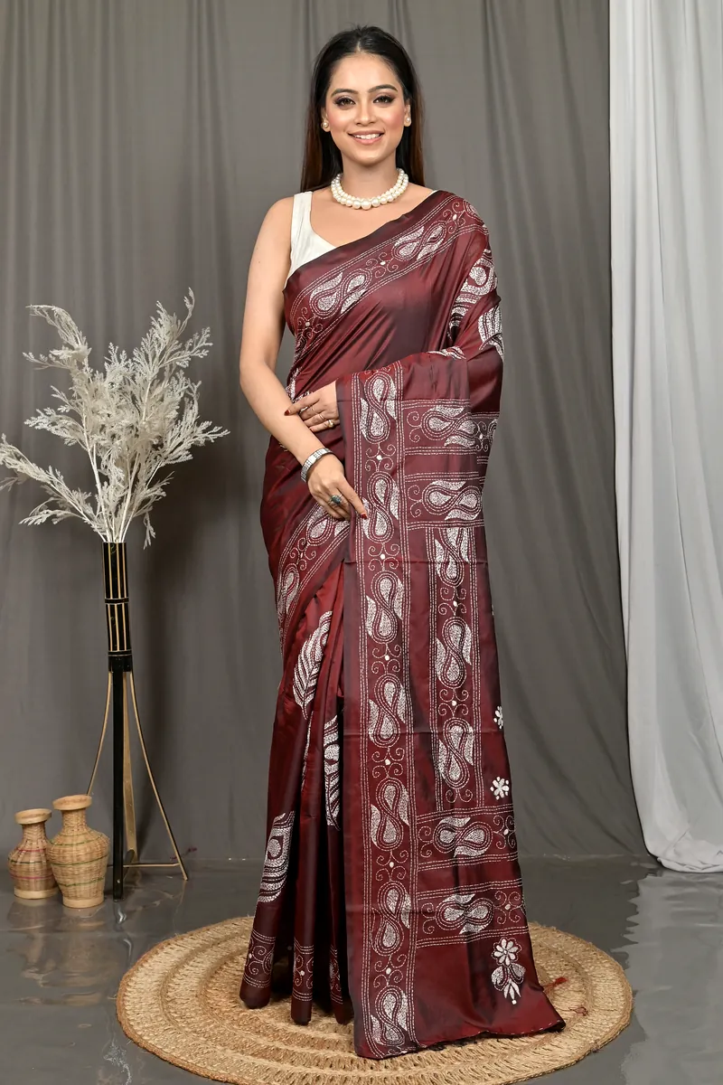 Brown Cotton Bolpur Kantha Stitch Saree (15)