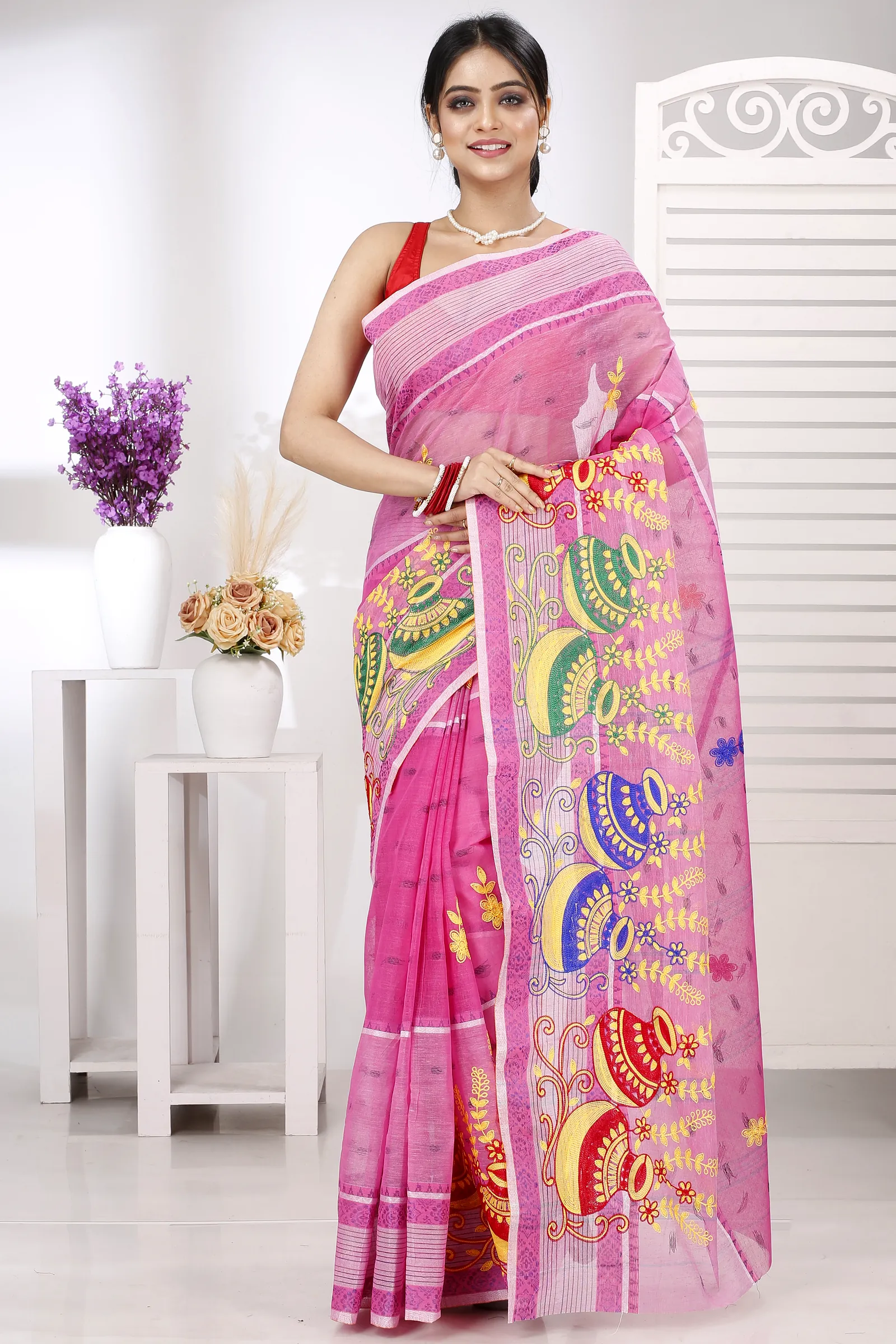 Pink Pure Cotton Embi Debdash Ghot Tant Embroidery (1501)