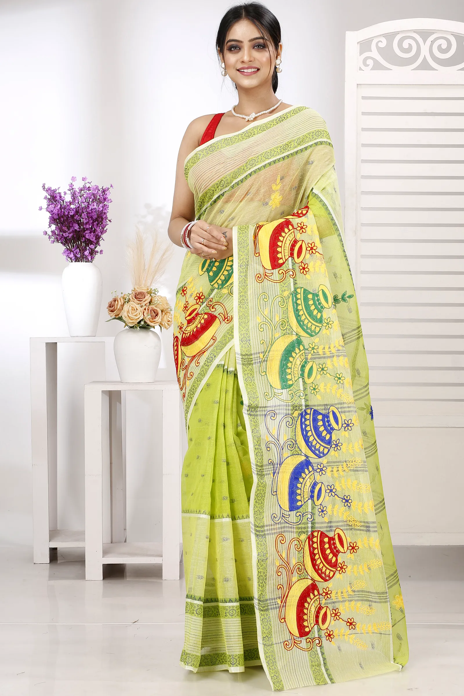 Lime Green Pure Cotton Embi Debdash Ghot Tant Embroidery (1503)