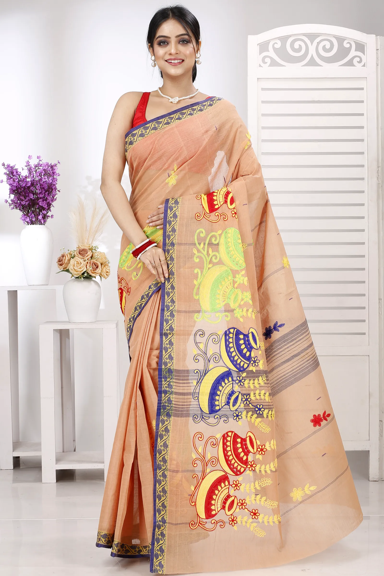 Dark Cream Pure Cotton Embi Gaela Ghot Tant Embroidery (1505)