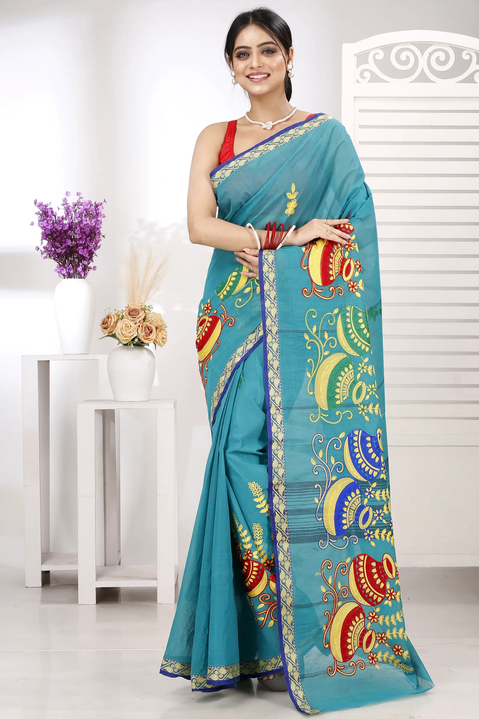 See Green Pure Cotton Embi Gaela Ghot Tant Embroidery (1507)