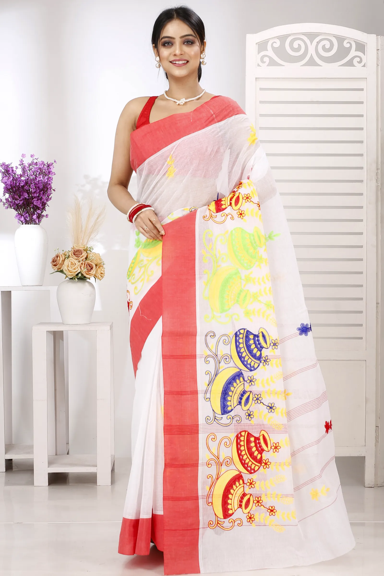 White Red Pure Cotton Embi Elu Ghot Tant Embroidery (1508)