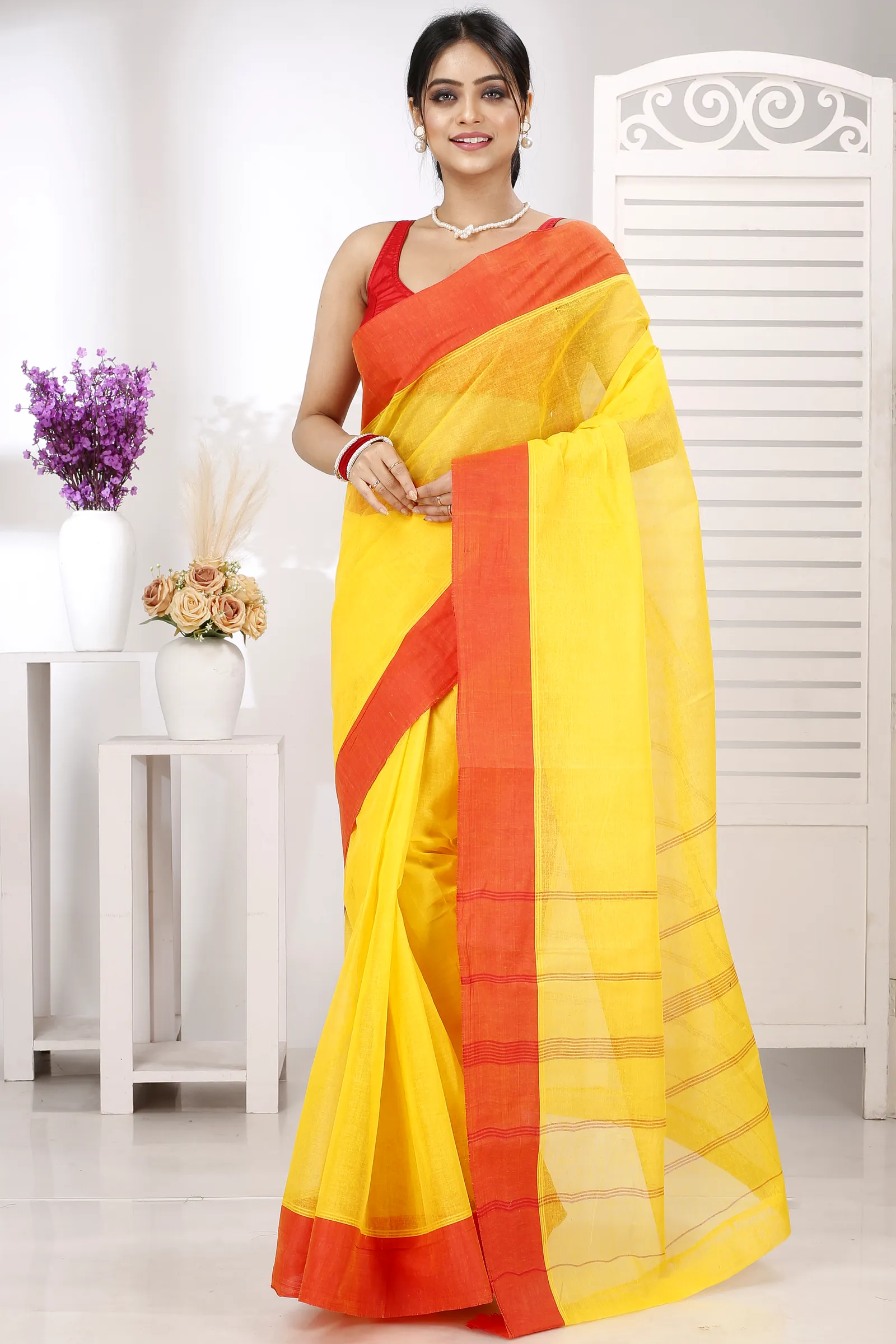 Yellow Red Pure Cotton Elu Than Tant Saree (1511)