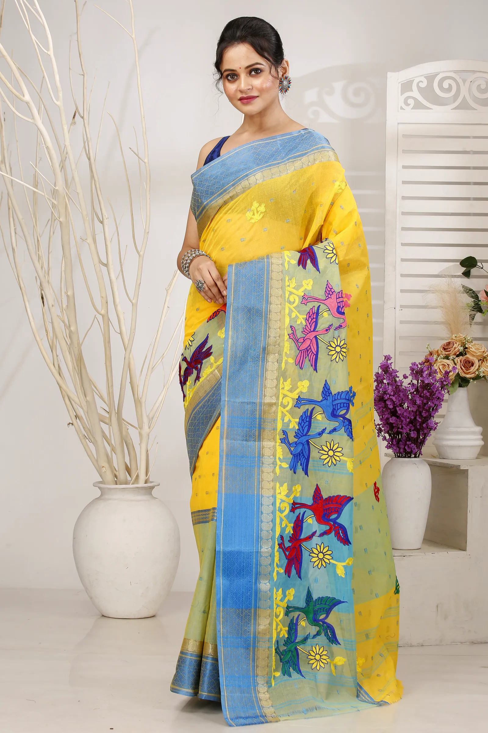 Light Yellow Pure Cotton Embi Ganga Bok Tant Embroidery (1514)