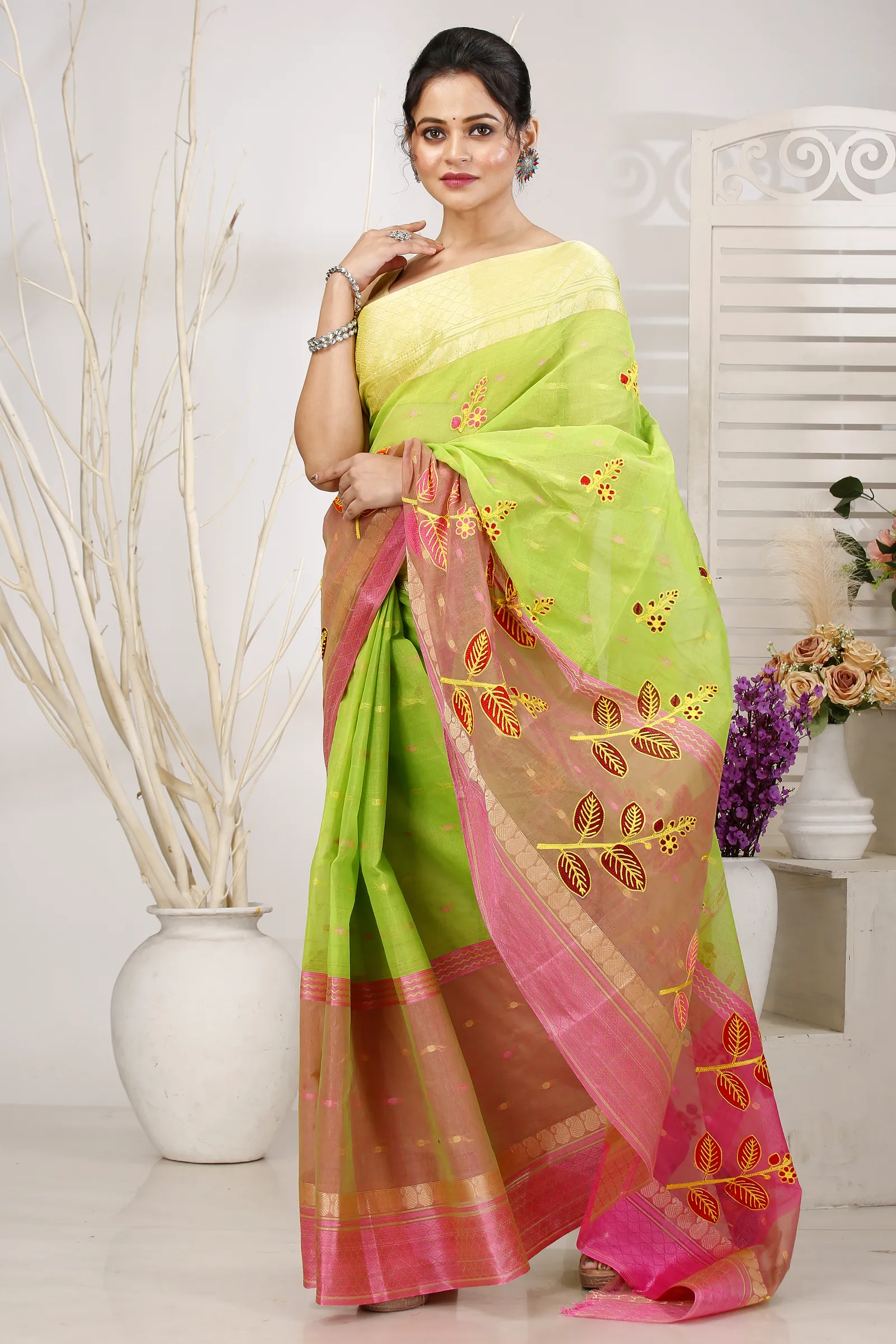 Light Green Pure Cotton Embi Ganga Pata Tant Embroidery (1517)