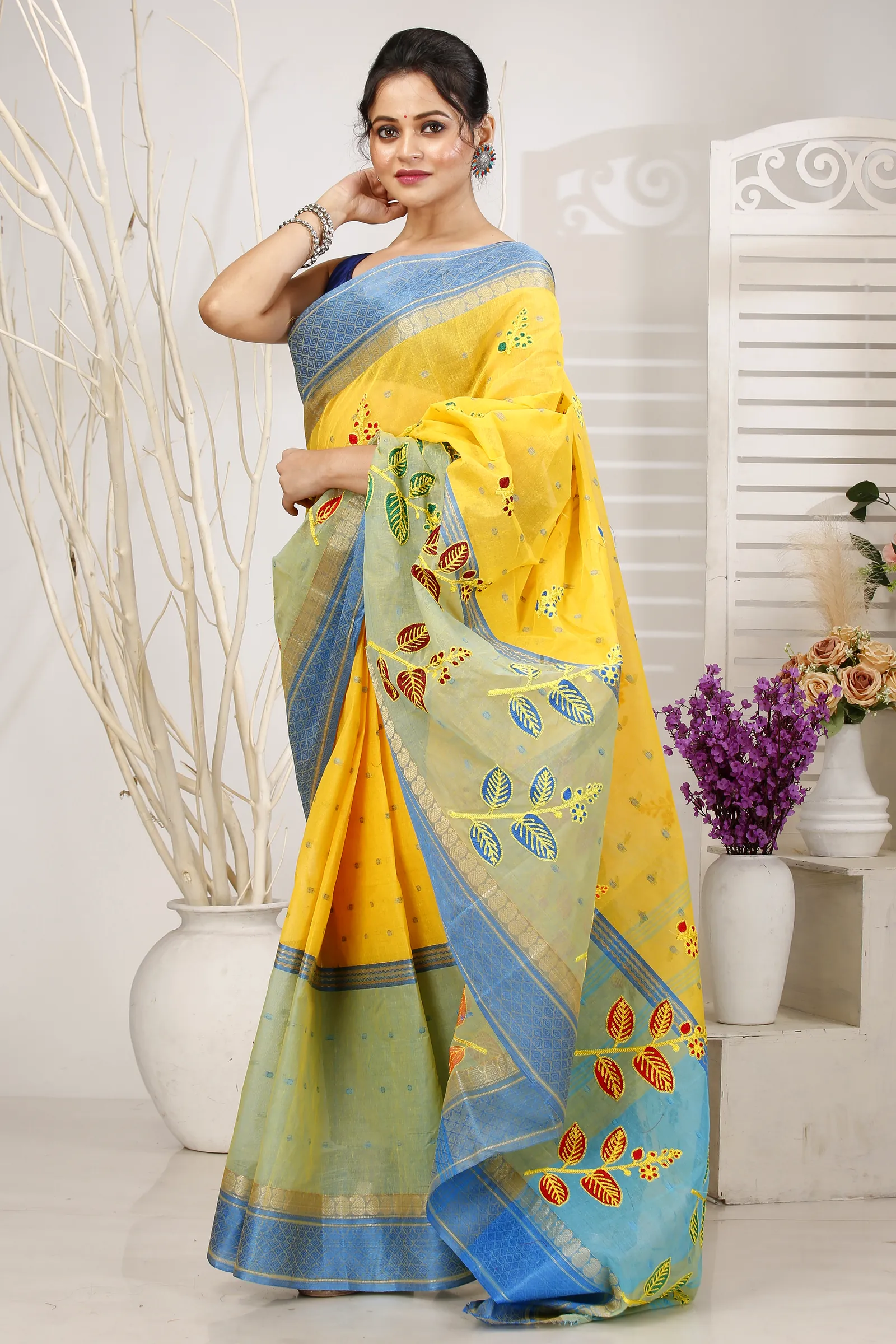 Light Yellow Pure Cotton Embi Ganga Pata Tant Embroidery (1518)