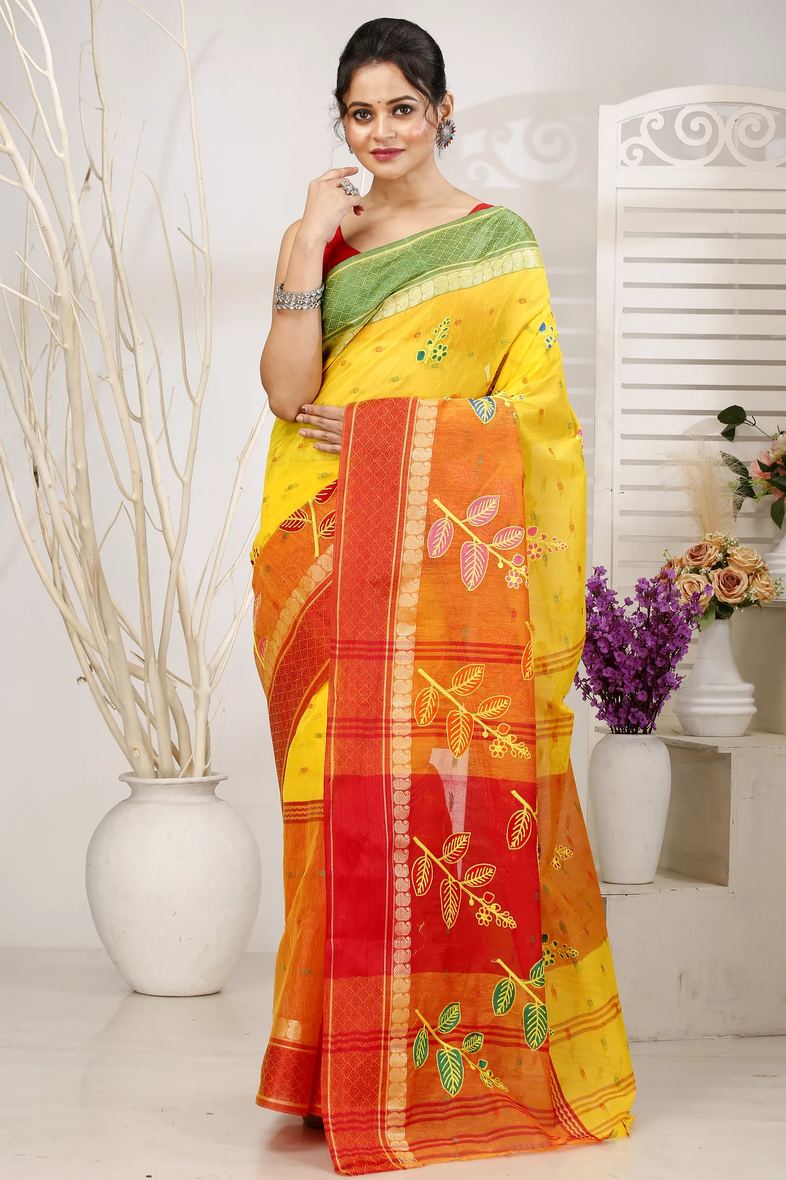 Yellow Red Pure Cotton Embi Ganga Pata Tant Embroidery (1519)