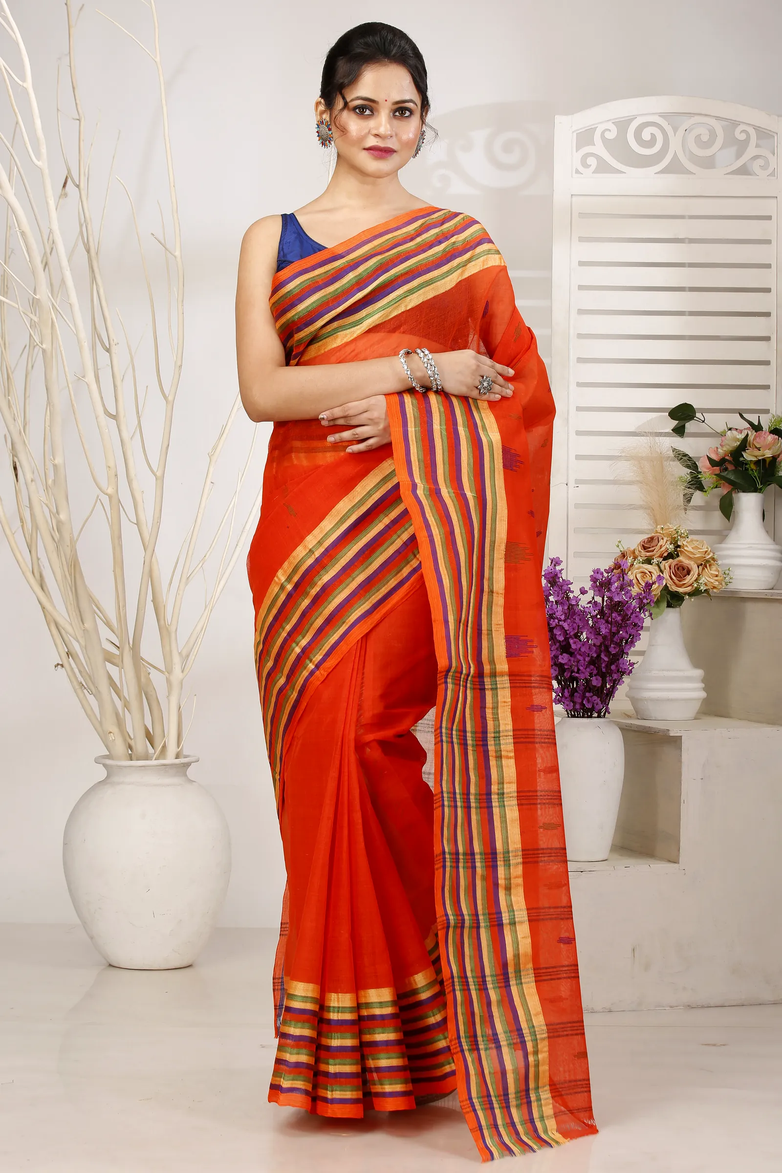 Orange Pure Cotton mena Tant Saree (1520)